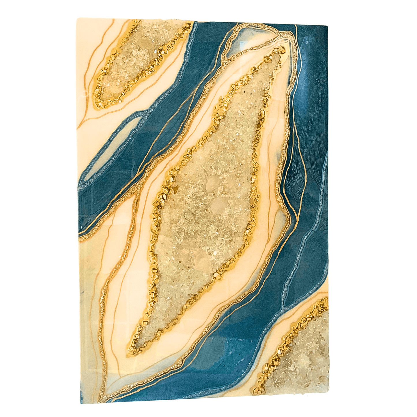 Creamy Pearl Gold and Blue Resin Geode with Real Crystal Quartz Showstopper