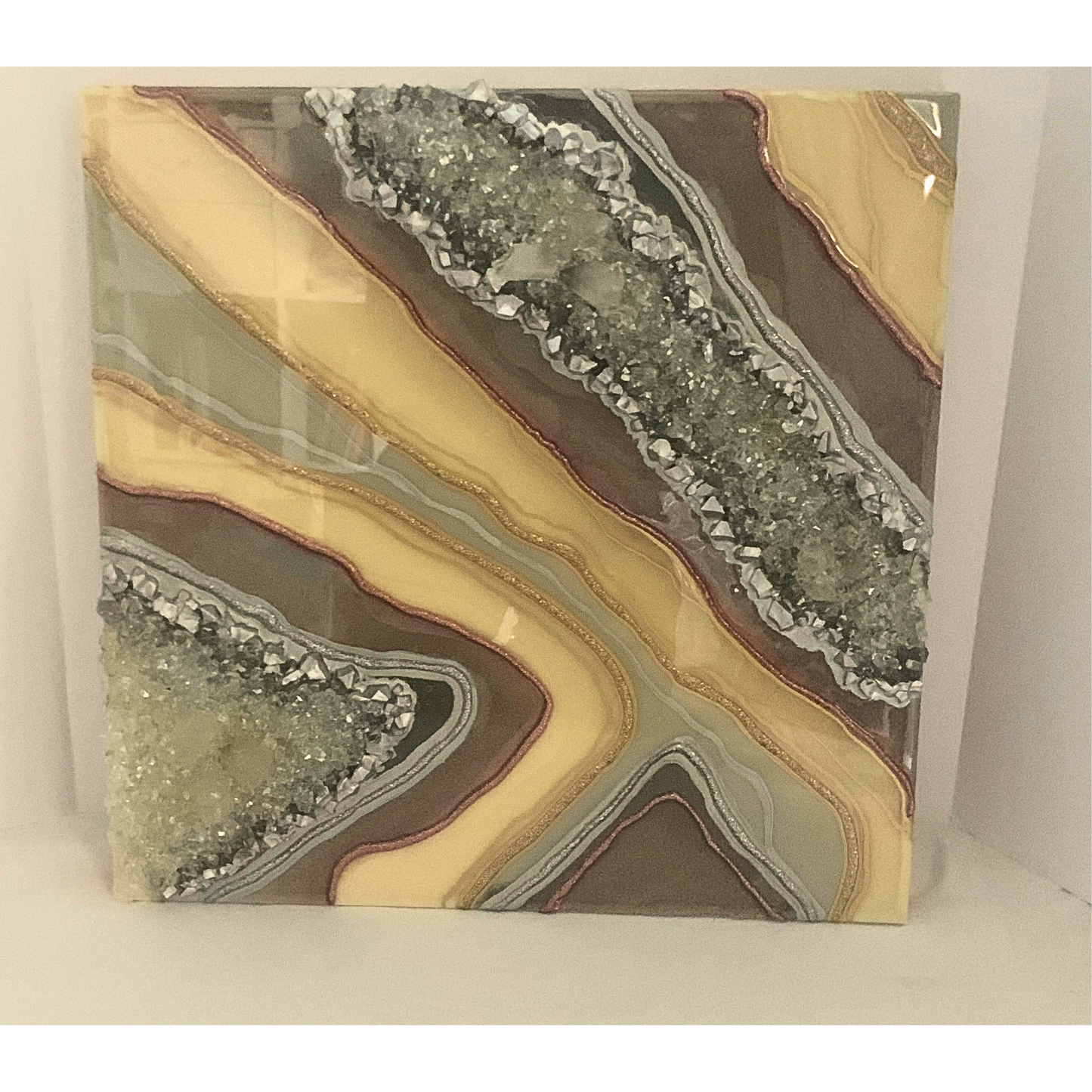 Creamy Mauve & Gray/Silver Crystal Quartz Modern Resin Crystal Art