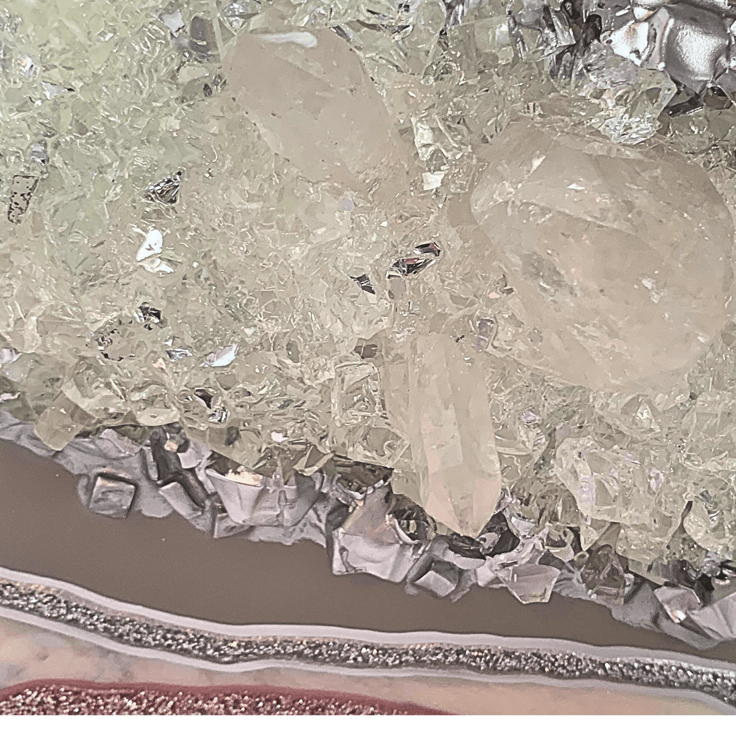 Mauve Pink Creamy White and Silver Gray Resin Geode with Real Crystal Quartz Points