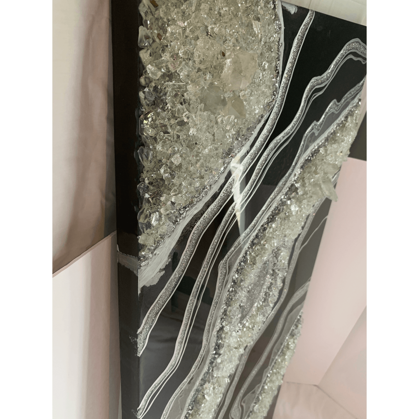 Gorgeous Black & Silver Geode Modern Resin Art With Real Crystal Quartz Points