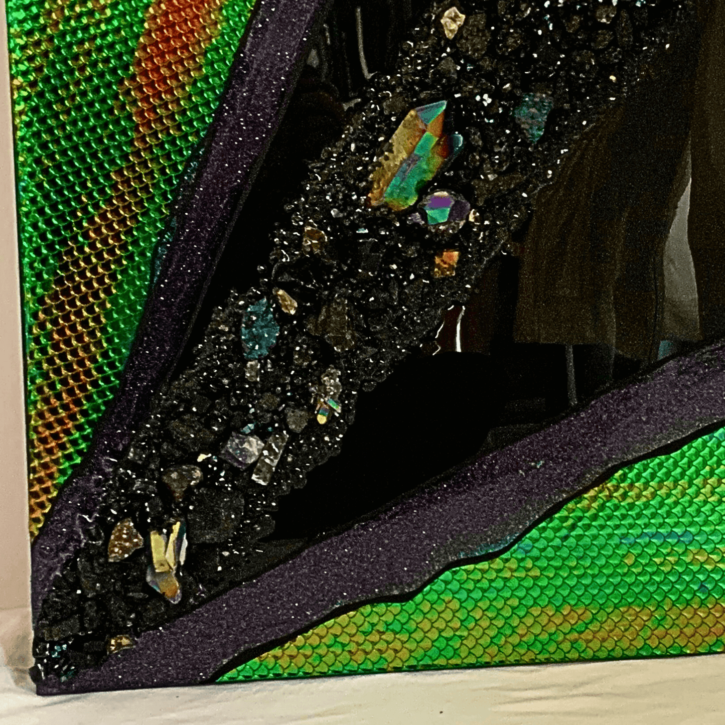 Into the Unknown Color-Shifting Resin Space Art with Black Obsidian, Black Tourmaline, Chalcopyrite, Lava Rocks & More