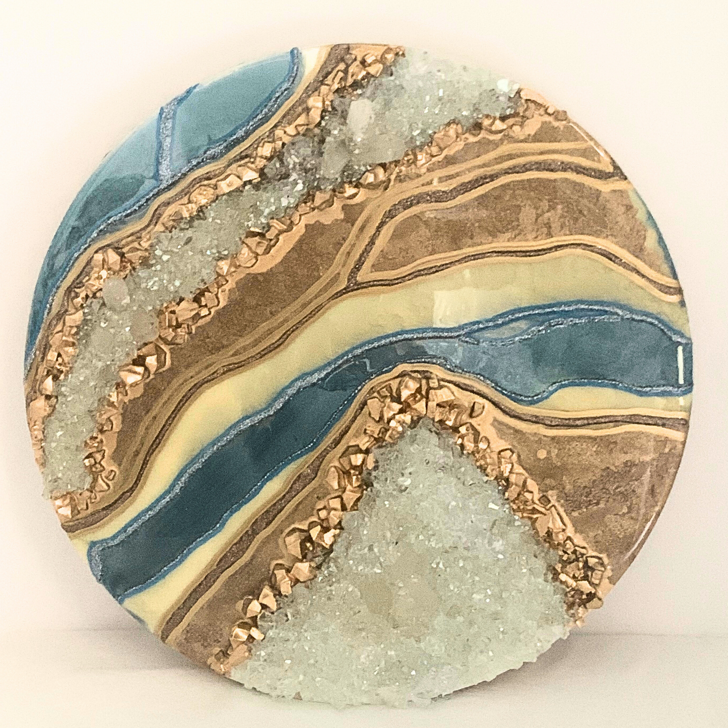 Carolina Blue Champagne Gold & Cream Resin Geode Art With Real Crystal Quartz