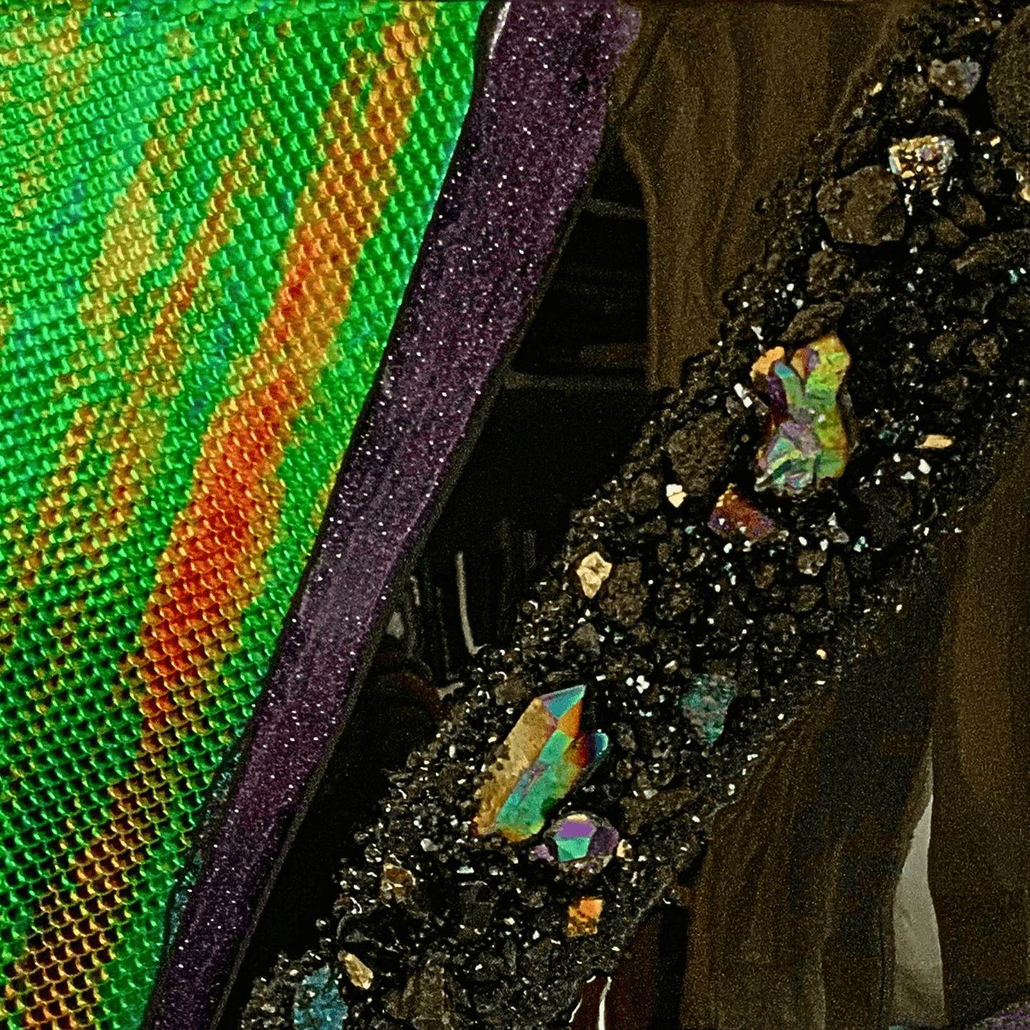 Into the Unknown Color-Shifting Resin Space Art with Black Obsidian, Black Tourmaline, Chalcopyrite, Lava Rocks & More