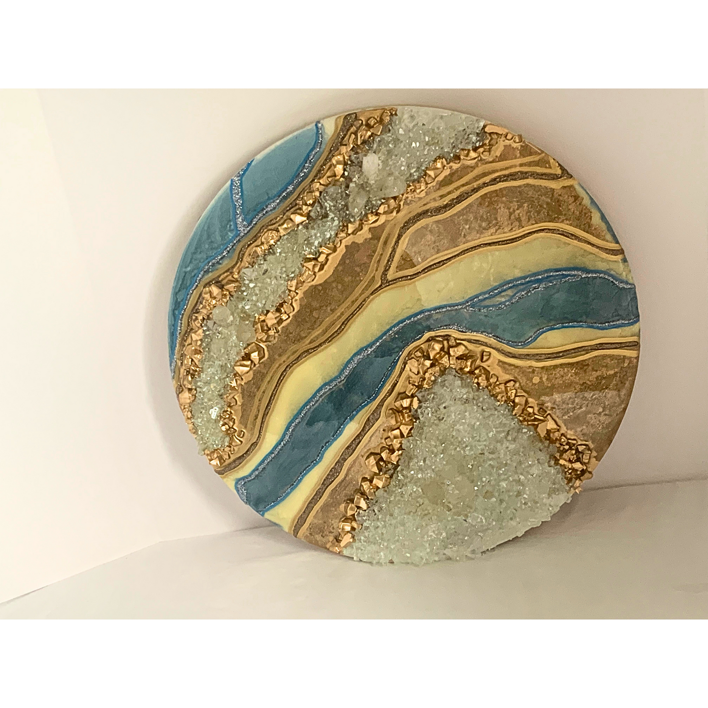 Carolina Blue Champagne Gold & Cream Resin Geode Art With Real Crystal Quartz