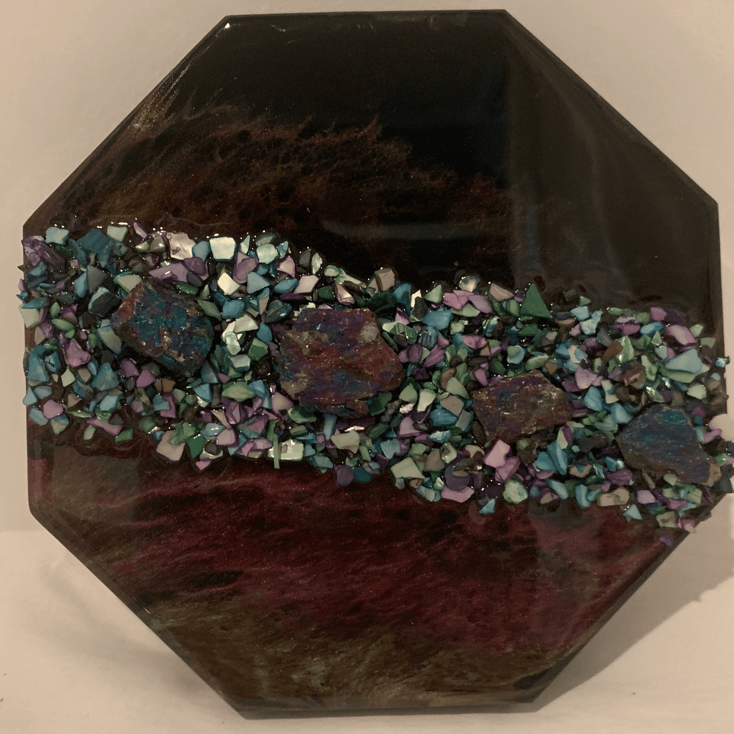 "GIVE ME SPACE" Modern Resin Art With Chalcopyrite (Peacock Ore) Crystals & Abalone Shells