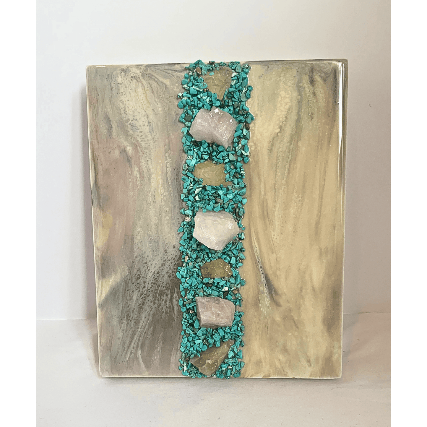 Turquoise & Rose Quartz & Honey Calcite Crystal Art