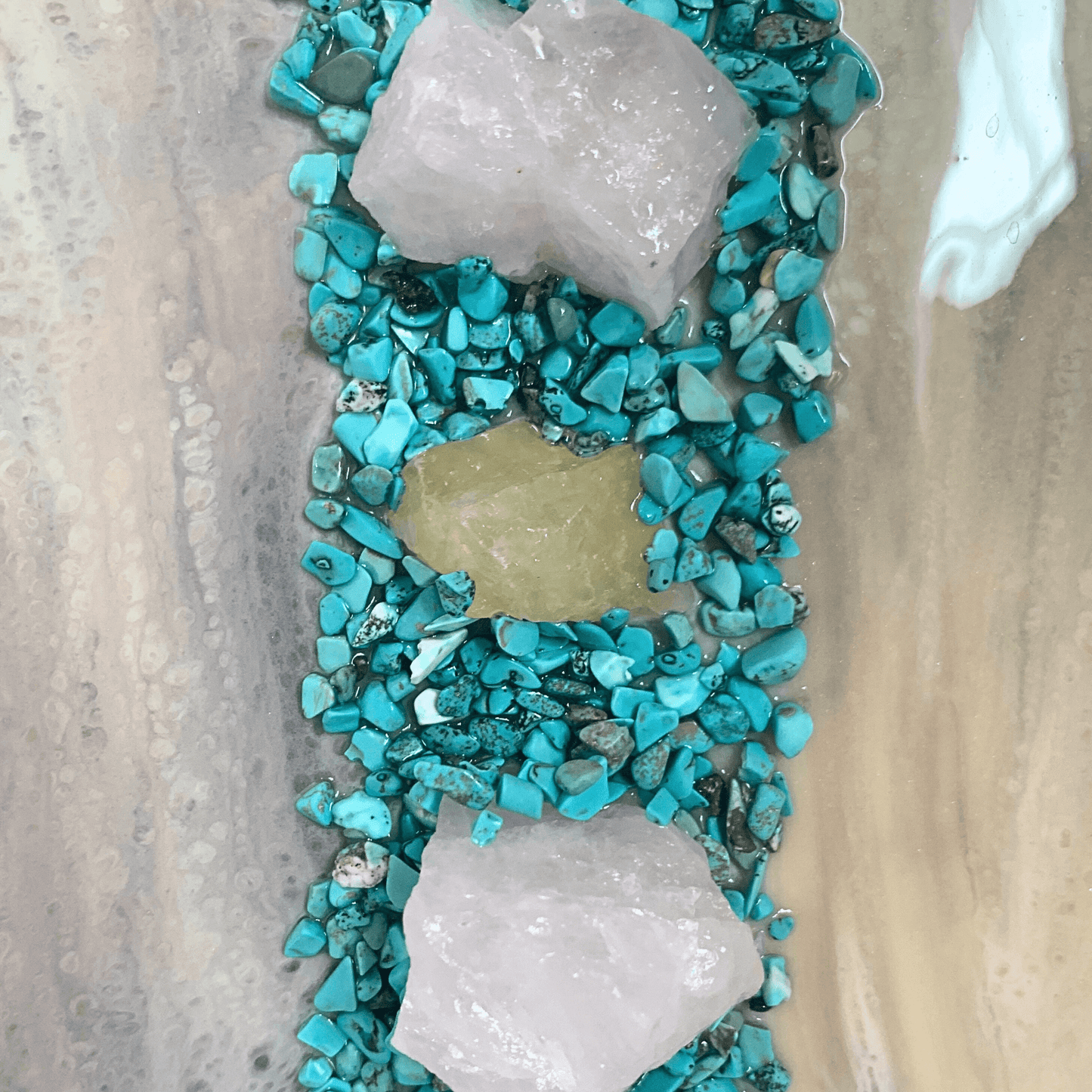 Turquoise & Rose Quartz & Honey Calcite Crystal Art