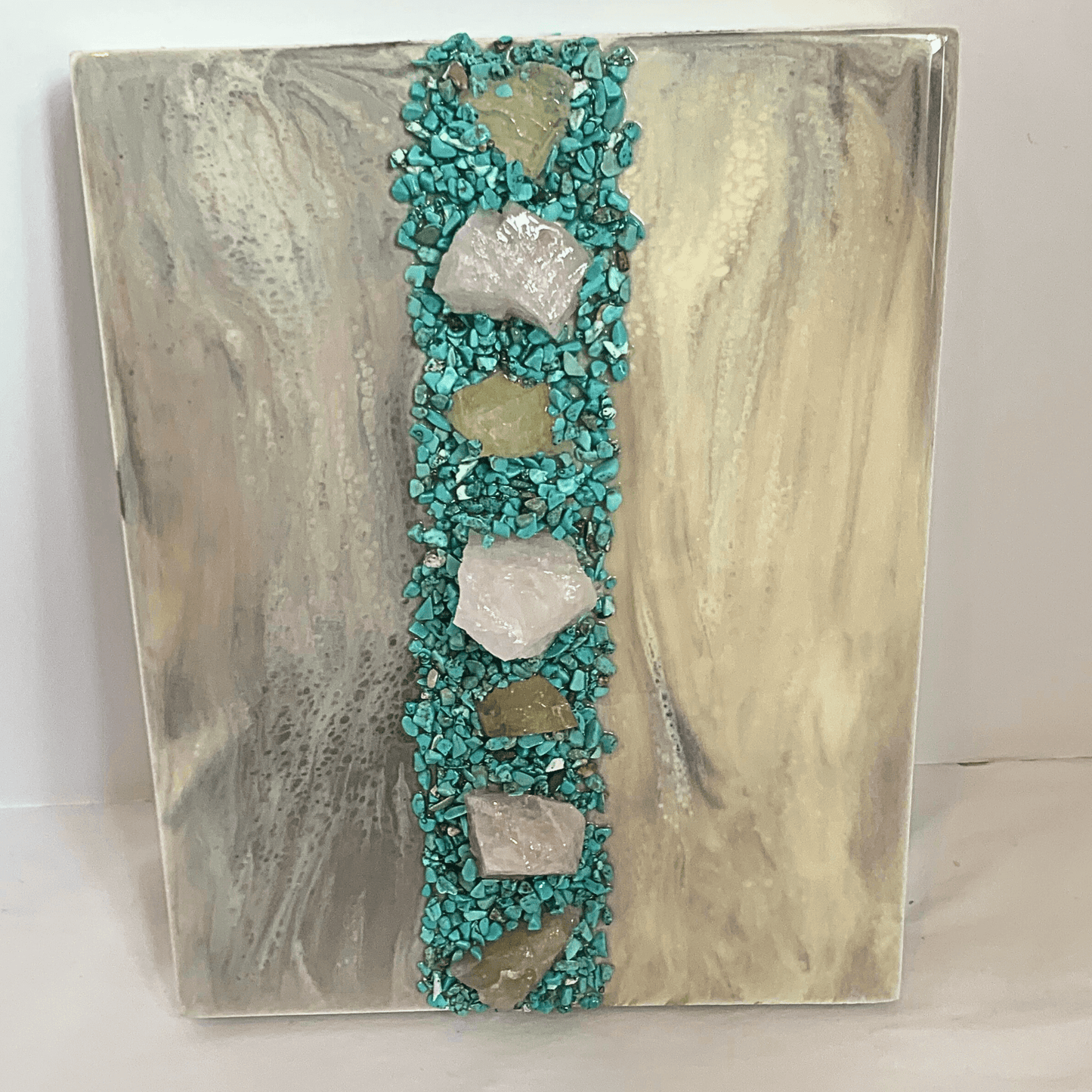 Turquoise & Rose Quartz & Honey Calcite Crystal Art