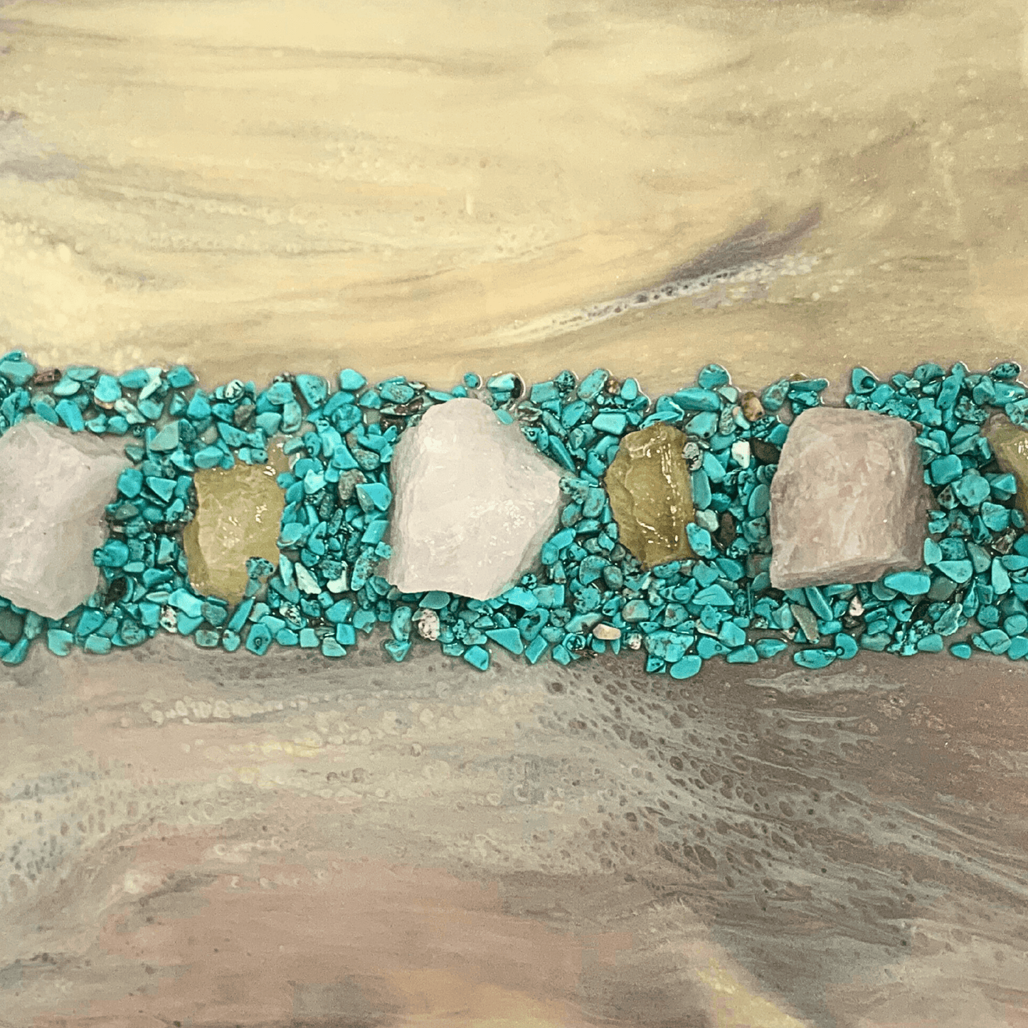 Turquoise & Rose Quartz & Honey Calcite Crystal Art