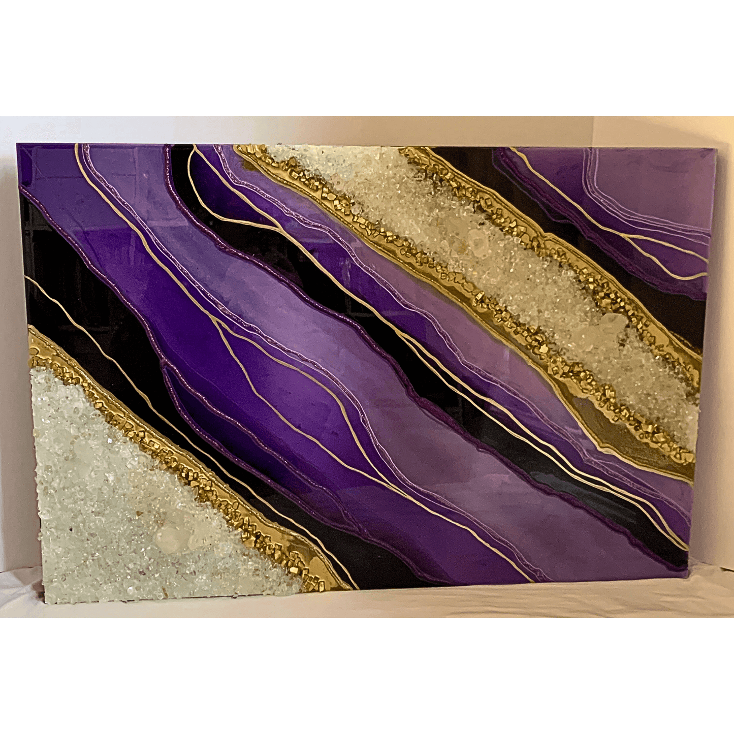 Royal Purple & Gold Resin Geode Modern Art with Real Crystal Quartz