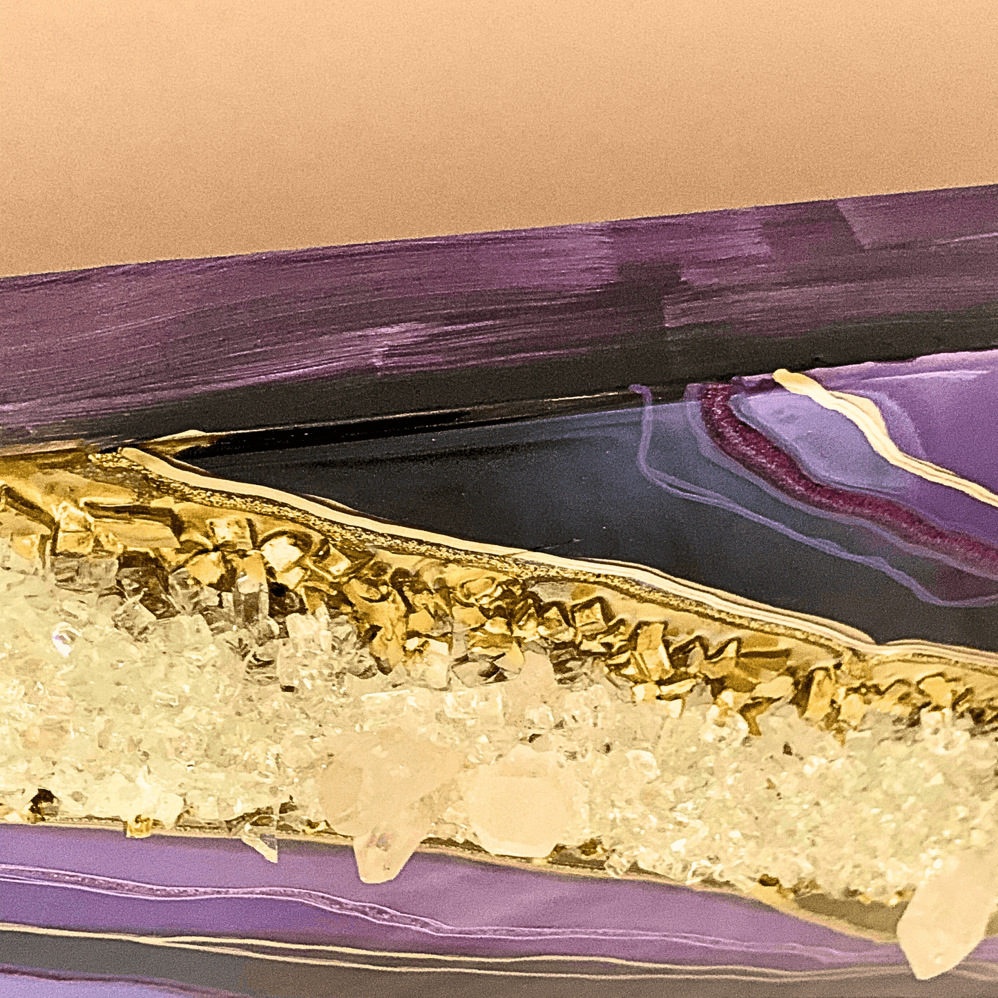 Royal Purple & Gold Resin Geode Modern Art with Real Crystal Quartz