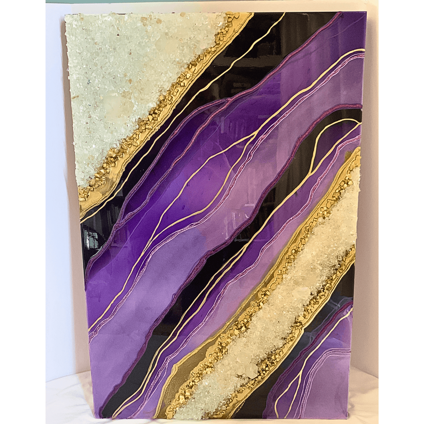 Royal Purple & Gold Resin Geode Modern Art with Real Crystal Quartz