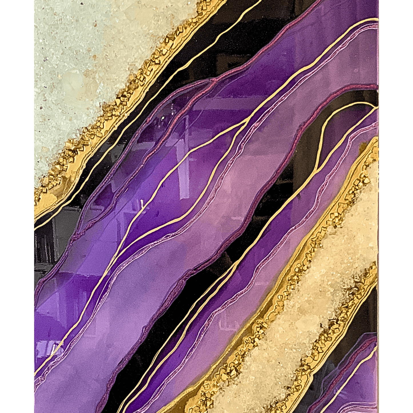 Royal Purple & Gold Resin Geode Modern Art with Real Crystal Quartz