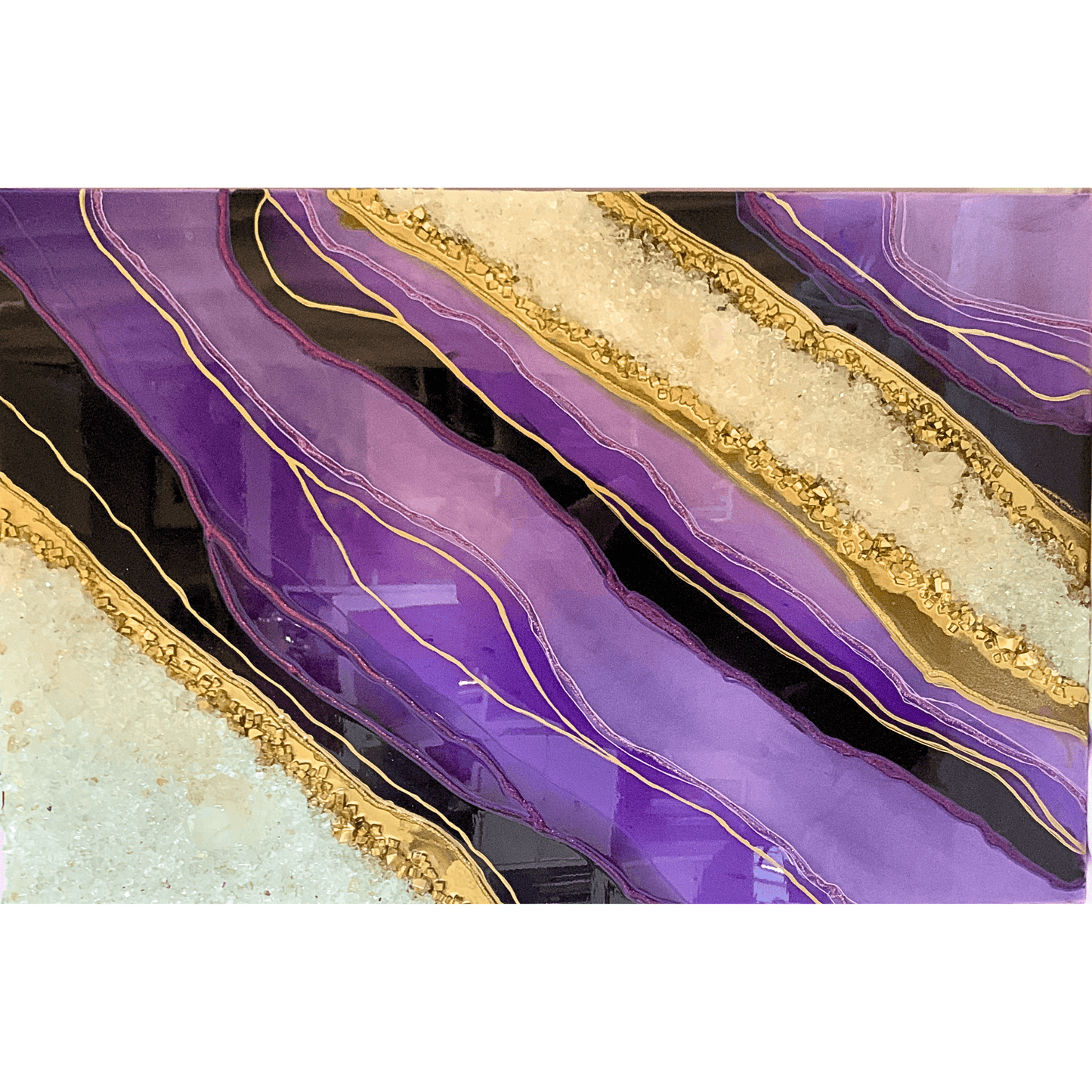Royal Purple & Gold Resin Geode Modern Art with Real Crystal Quartz