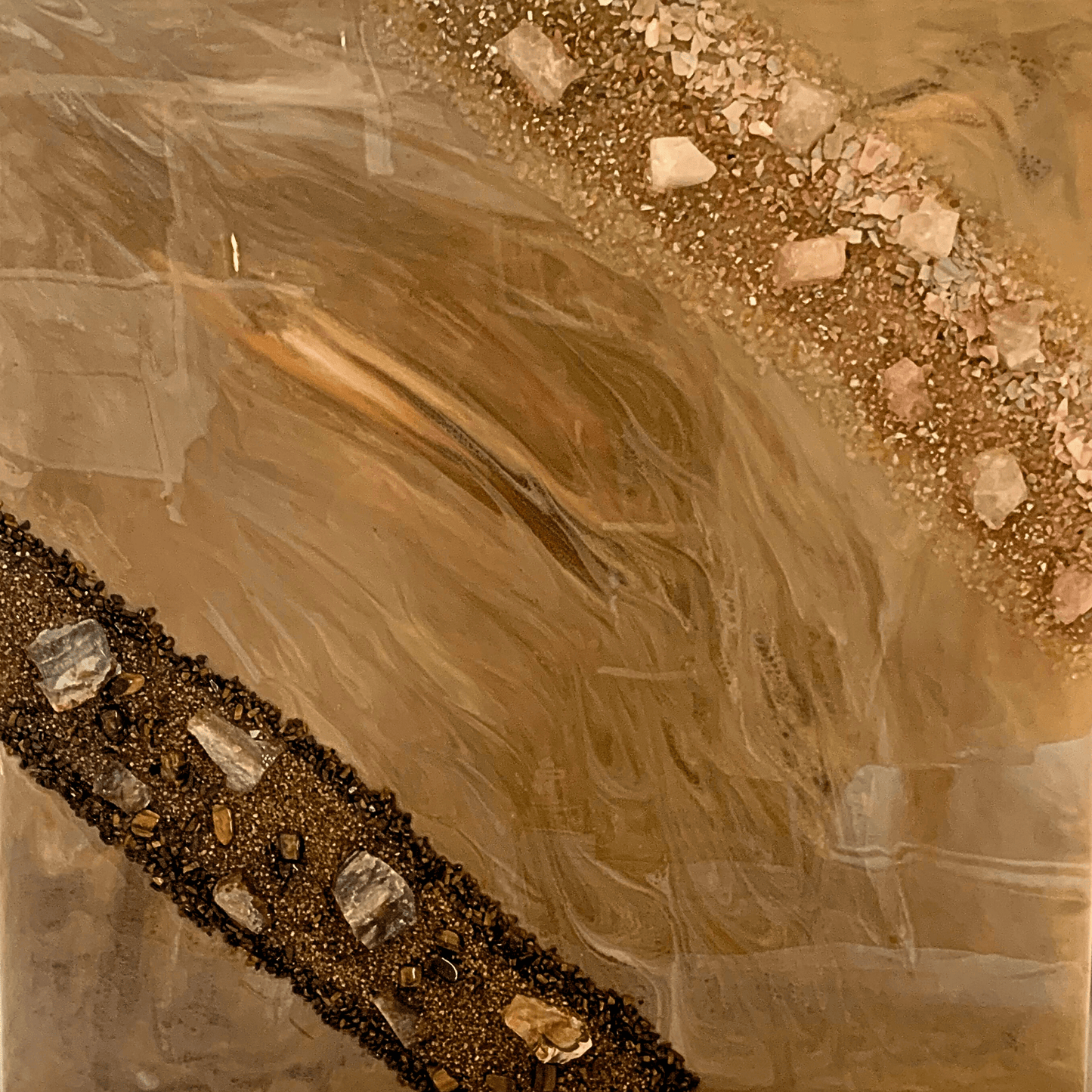 Tigers Eye Petrified Wood & Rose Quartz & Abalone Shell Modern Resin & Crystal Art