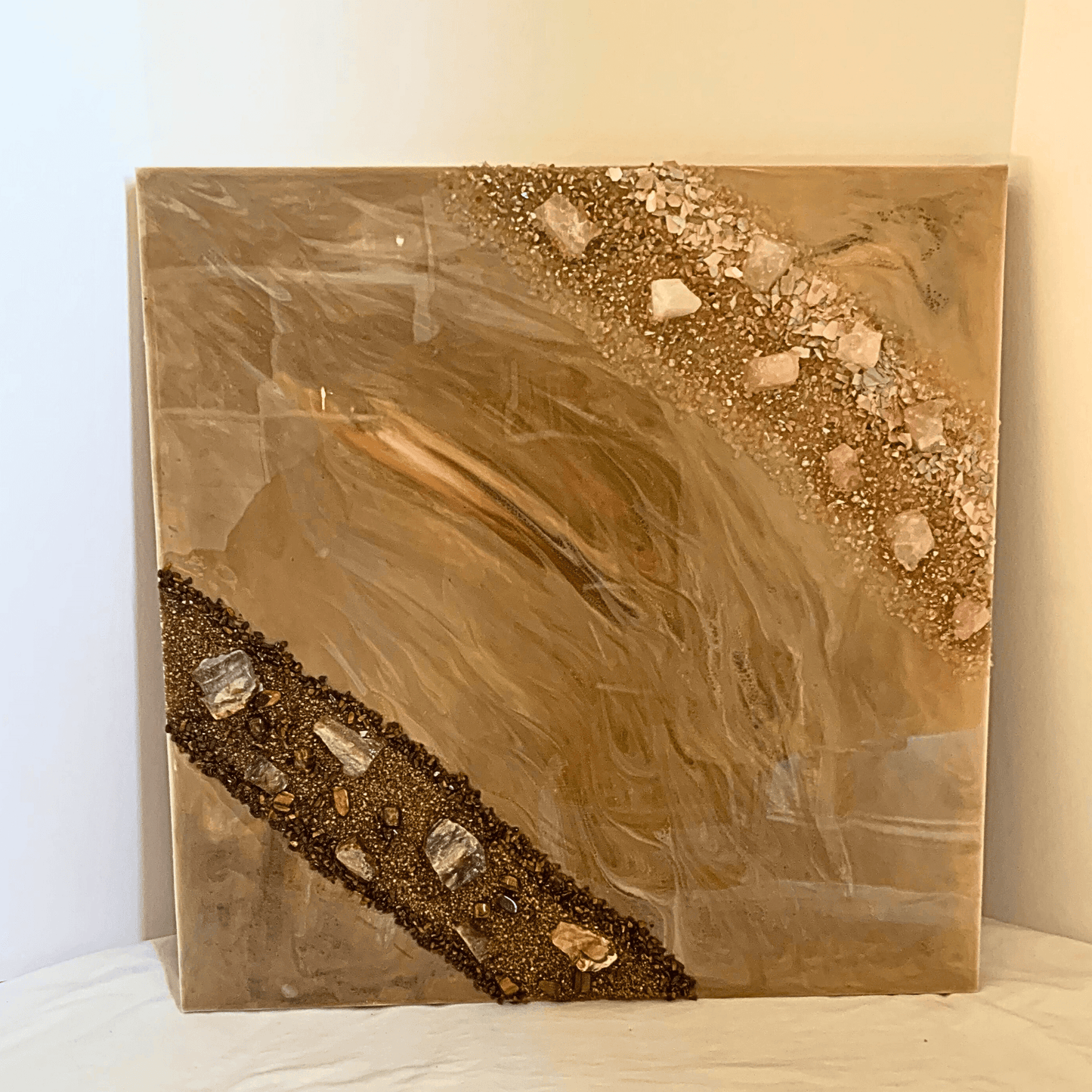 Tigers Eye Petrified Wood & Rose Quartz & Abalone Shell Modern Resin & Crystal Art