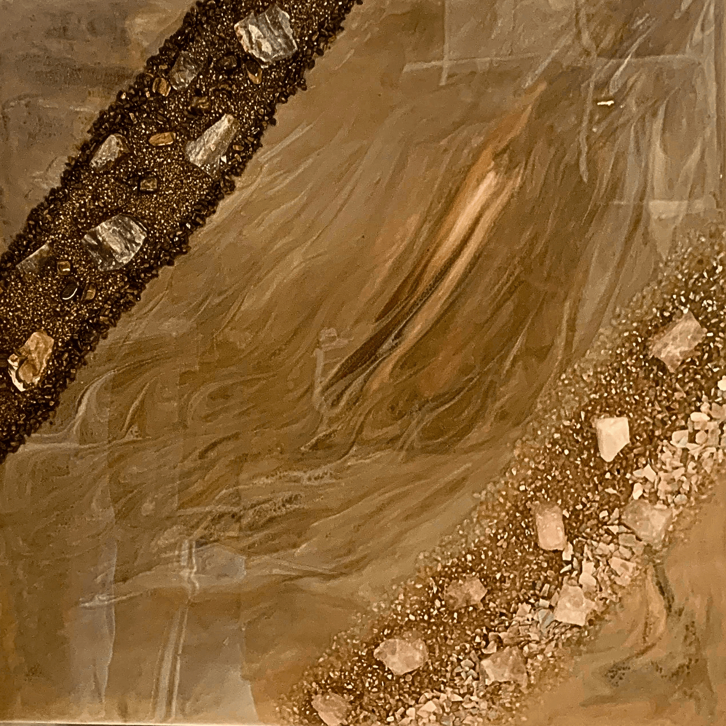 Tigers Eye Petrified Wood & Rose Quartz & Abalone Shell Modern Resin & Crystal Art