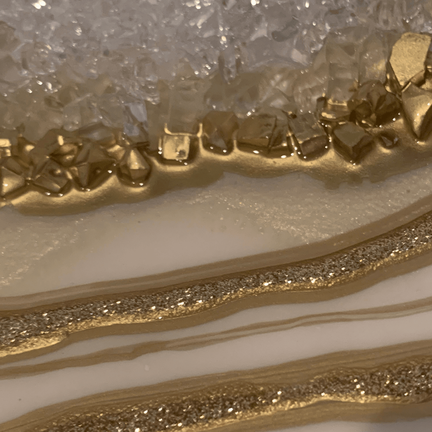 "CREAMY WHITE & GOLD GEODE" Modern Resin Art With Real Crystal Quartz Points