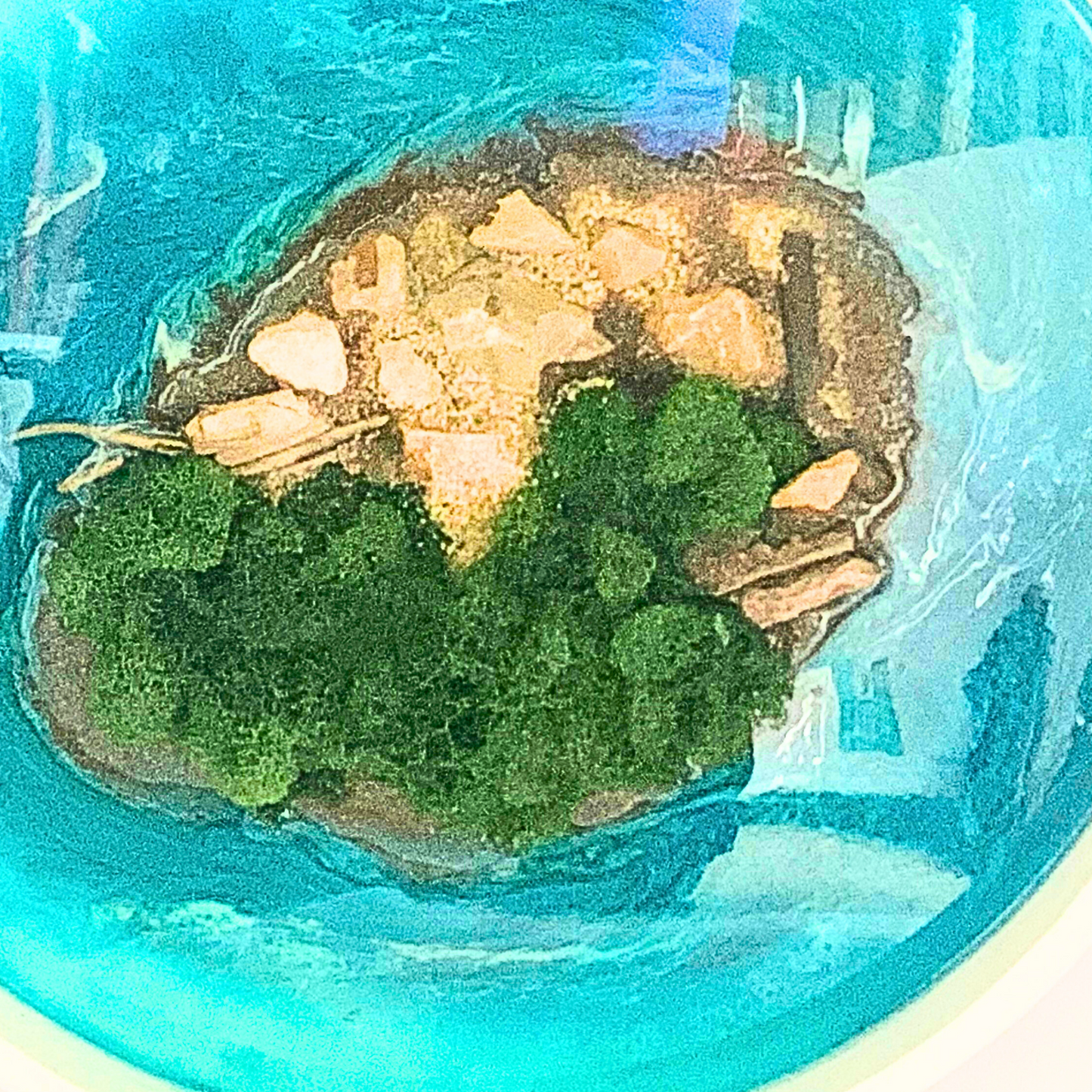 "ISLAND ESCAPE" Modern Resin Ocean Art with Real Sand, Moss, and Shells