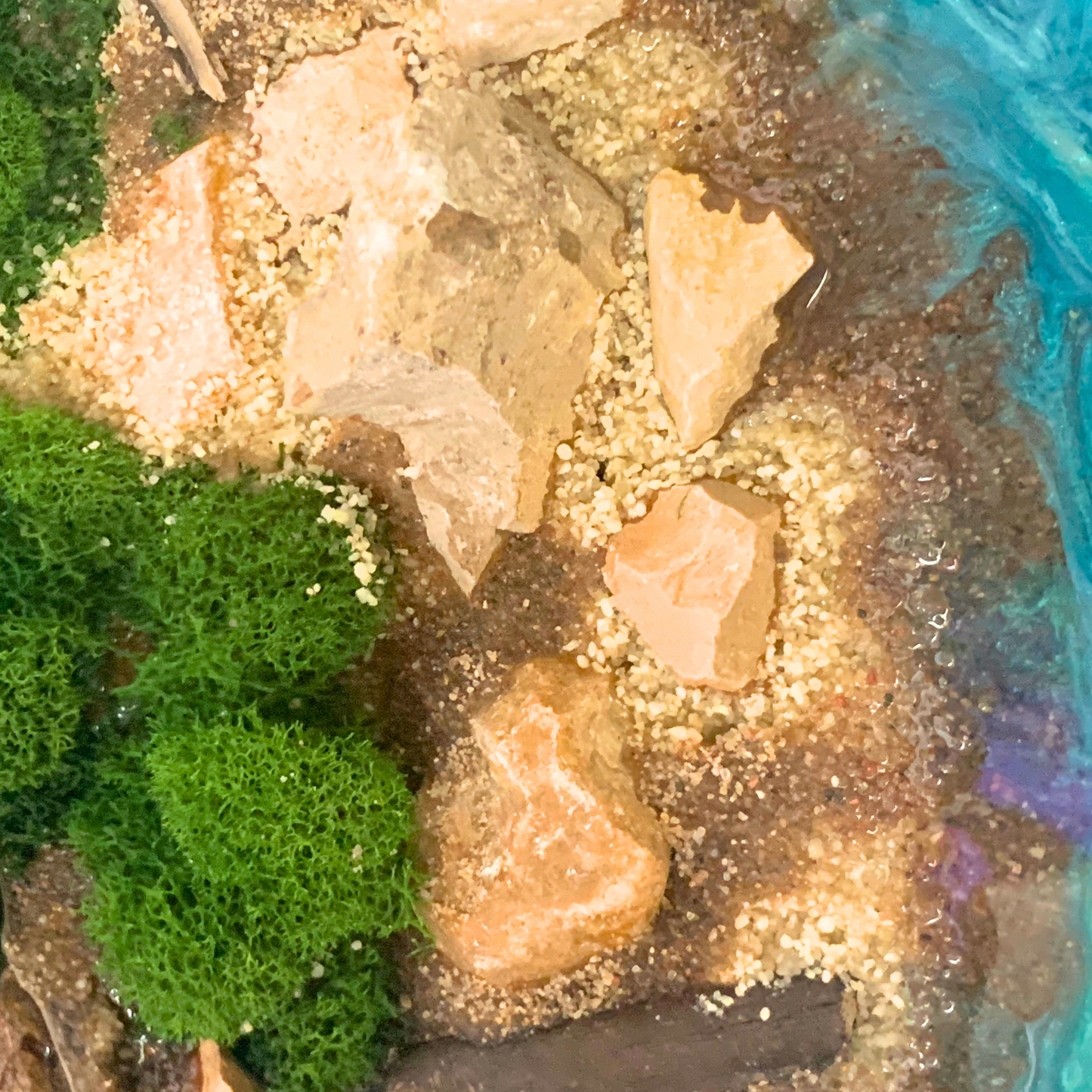 "ISLAND ESCAPE" Modern Resin Ocean Art with Real Sand, Moss, and Shells