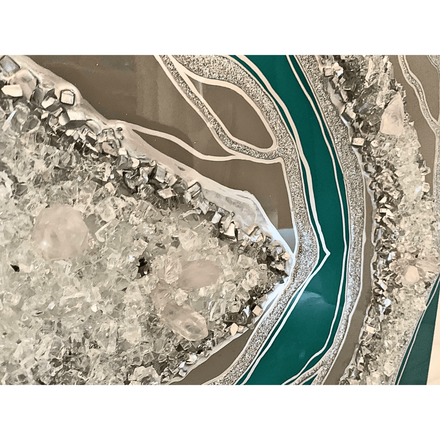 Silver Emerald Green Geode Resin Art with Real Crystal Quartz