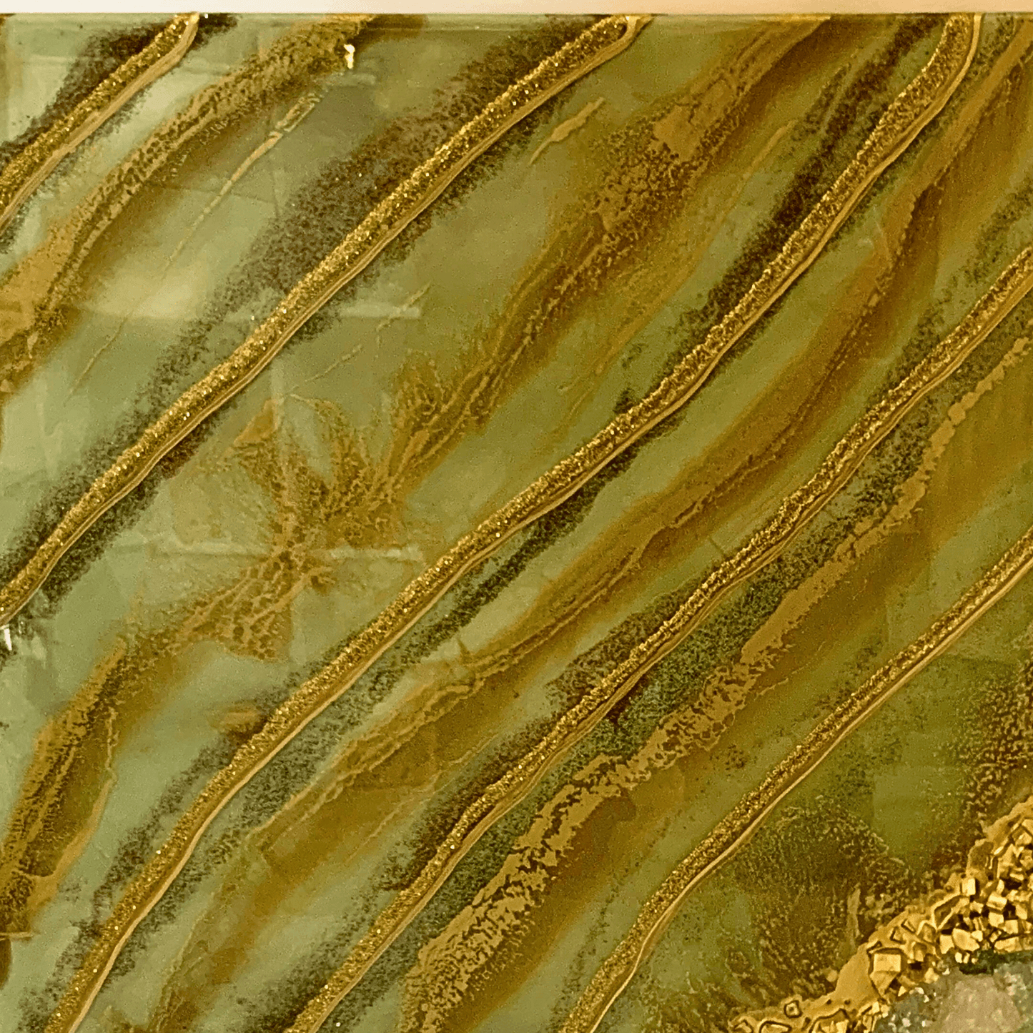 Olive Me Loves Olive You- Modern Resin Crystal Geode Art Olive Green & Gold