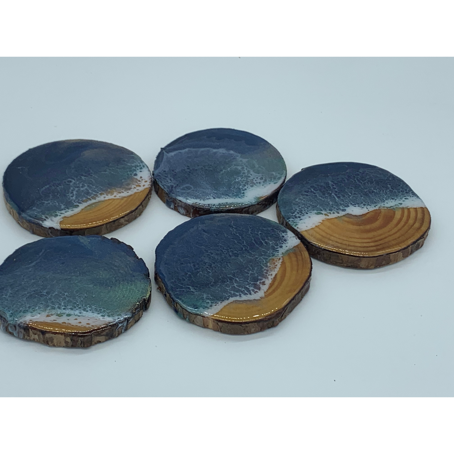 Beach Resin Coasters Set of 5 on Raw Edged Wood