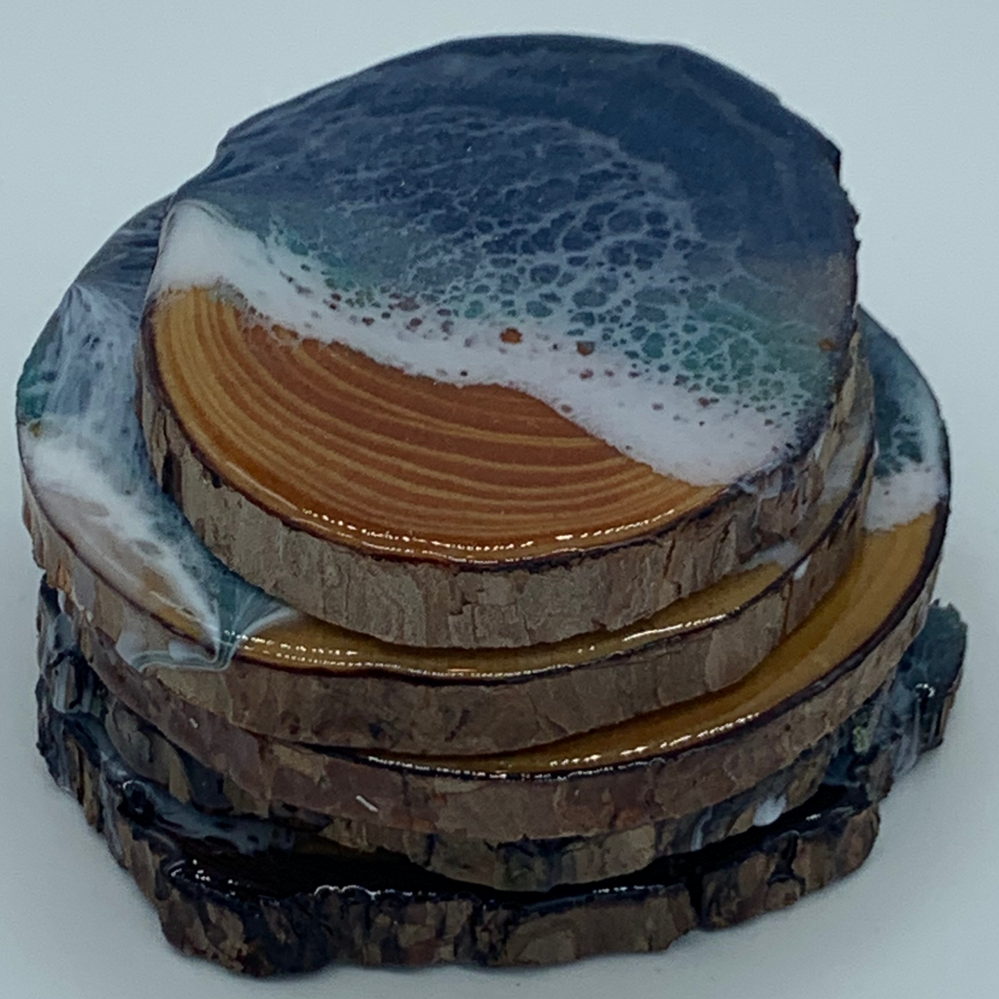 "Wood You Please?" Set of 5 Raw Edge Wood Resin Ocean/Beach Coasters