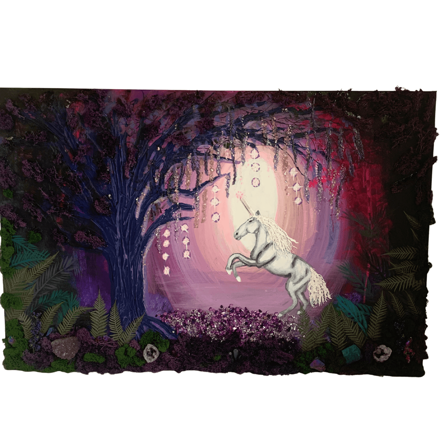 UNICORN MAGIC- Modern Mixed Media Textured Art with Real Crystals & Moss