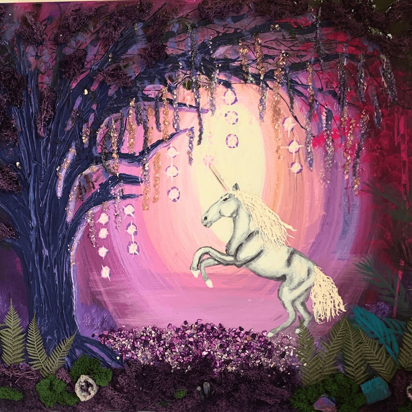 UNICORN MAGIC- Modern Mixed Media Textured Art with Real Crystals & Moss