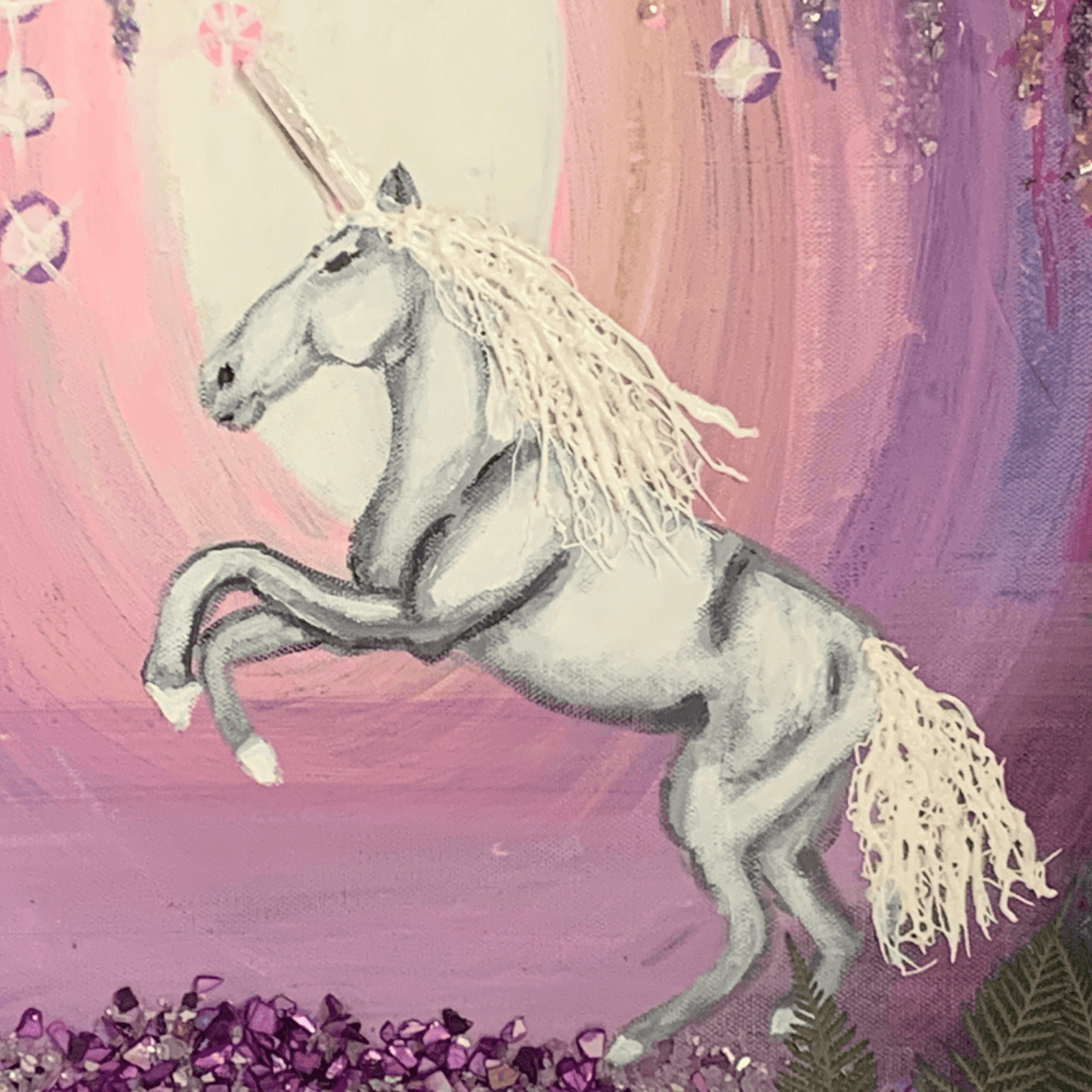 UNICORN MAGIC- Modern Mixed Media Textured Art with Real Crystals & Moss