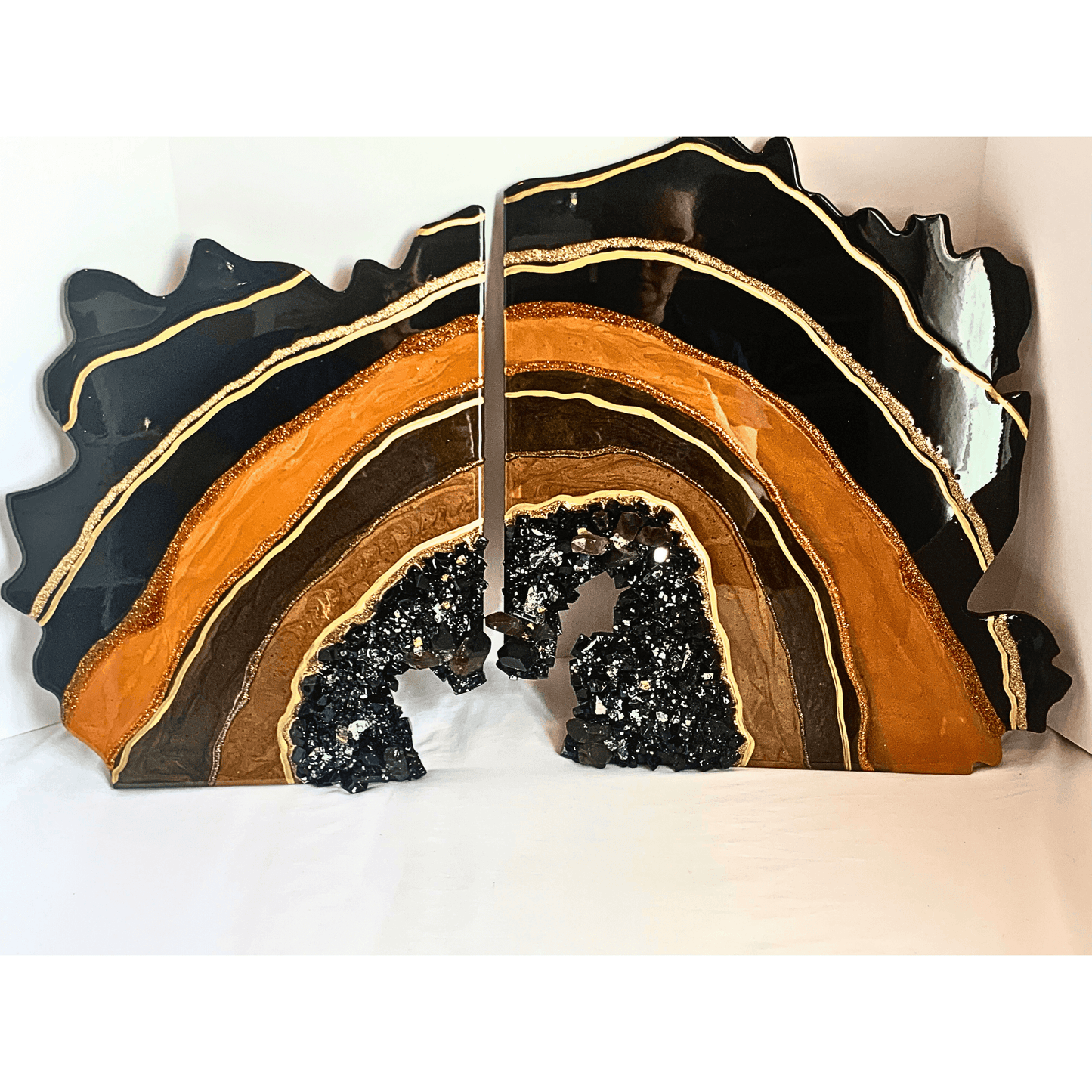 "PROTECTED" Black Obsidian & Smoky Quartz with Bronze and Gold Accents Resin Art Geode