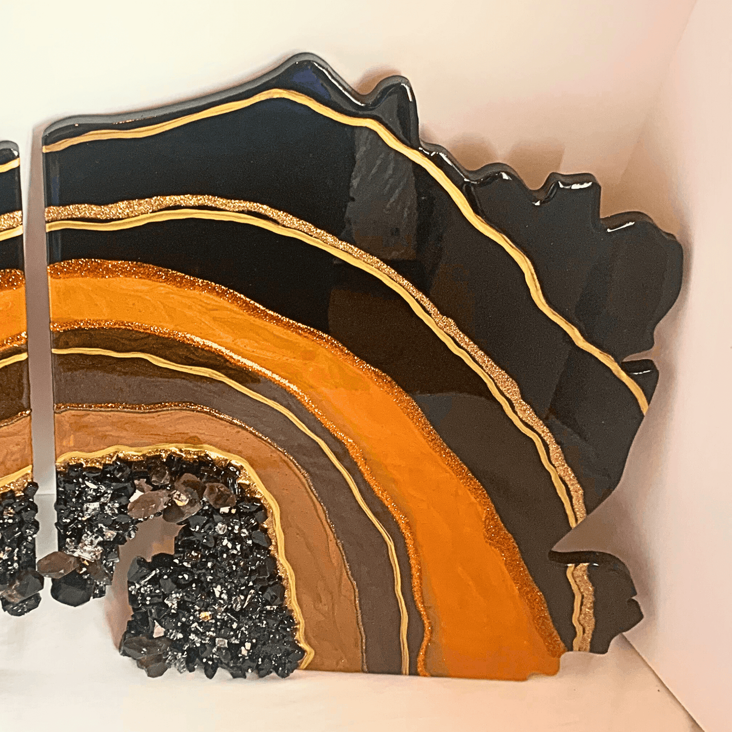 "PROTECTED" Black Obsidian & Smoky Quartz with Bronze and Gold Accents Resin Art Geode