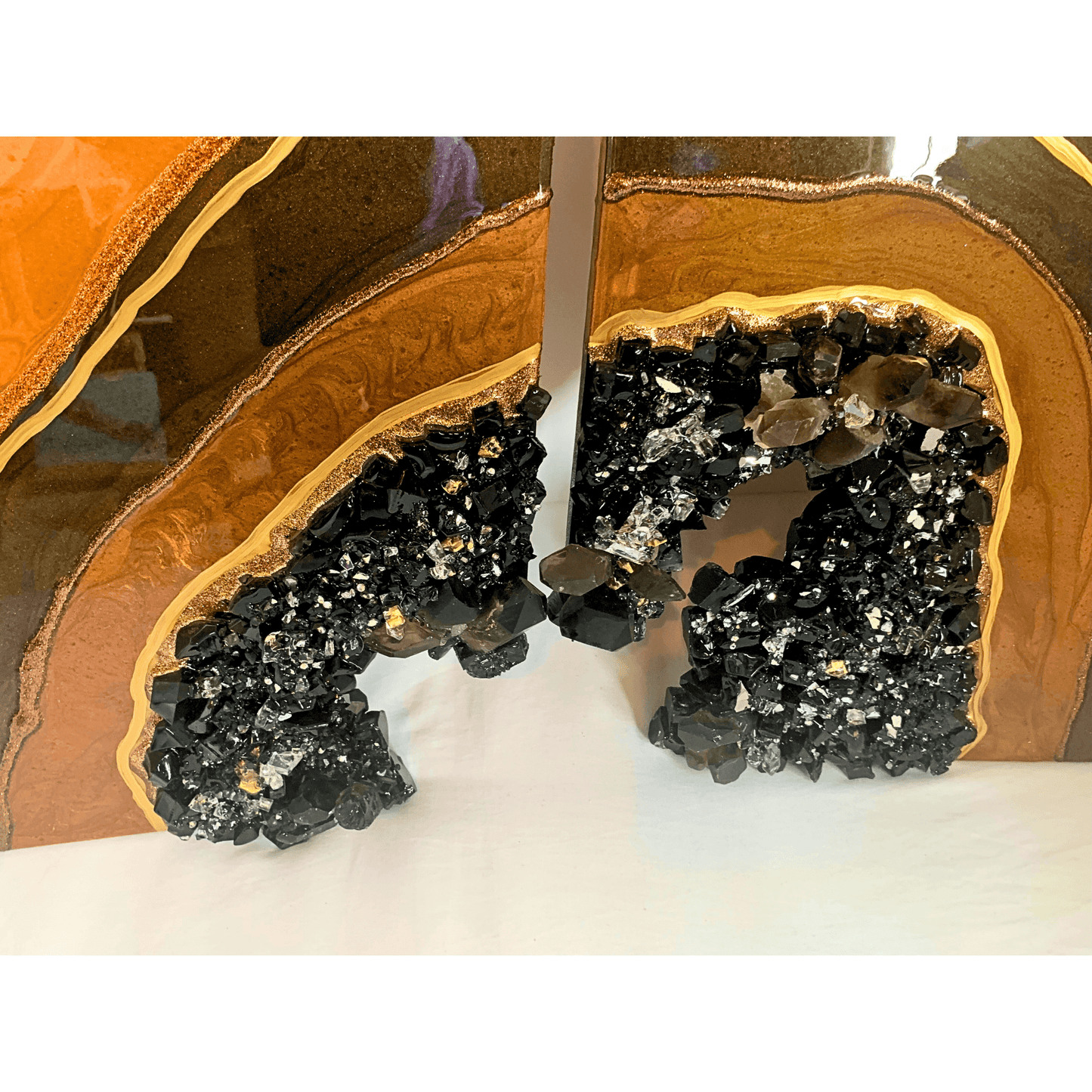 "PROTECTED" Black Obsidian & Smoky Quartz with Bronze and Gold Accents Resin Art Geode