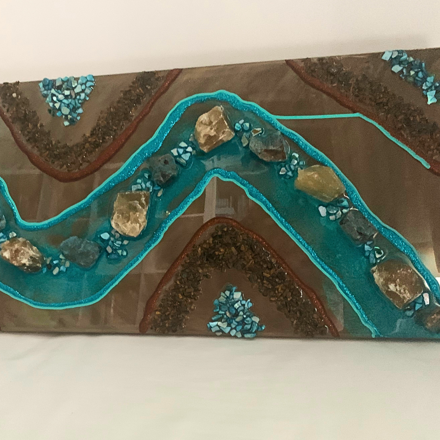 "CALM" Blue Apatite Honey Calcite & Tigers Eye Brown & Turquoise Modern Crystal & Resin Art