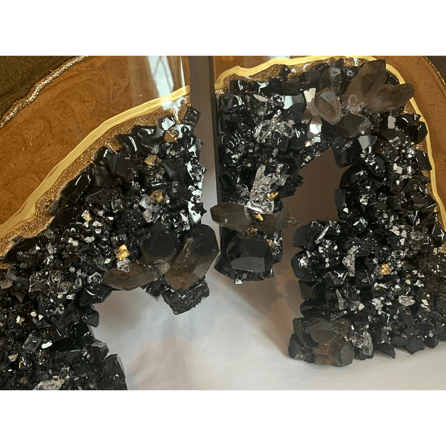 "PROTECTED" Black Obsidian & Smoky Quartz with Bronze and Gold Accents Resin Art Geode