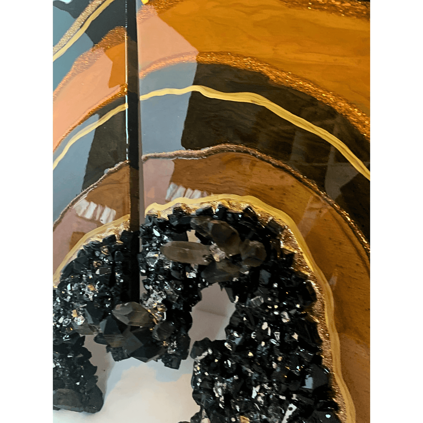 "PROTECTED" Black Obsidian & Smoky Quartz with Bronze and Gold Accents Resin Art Geode