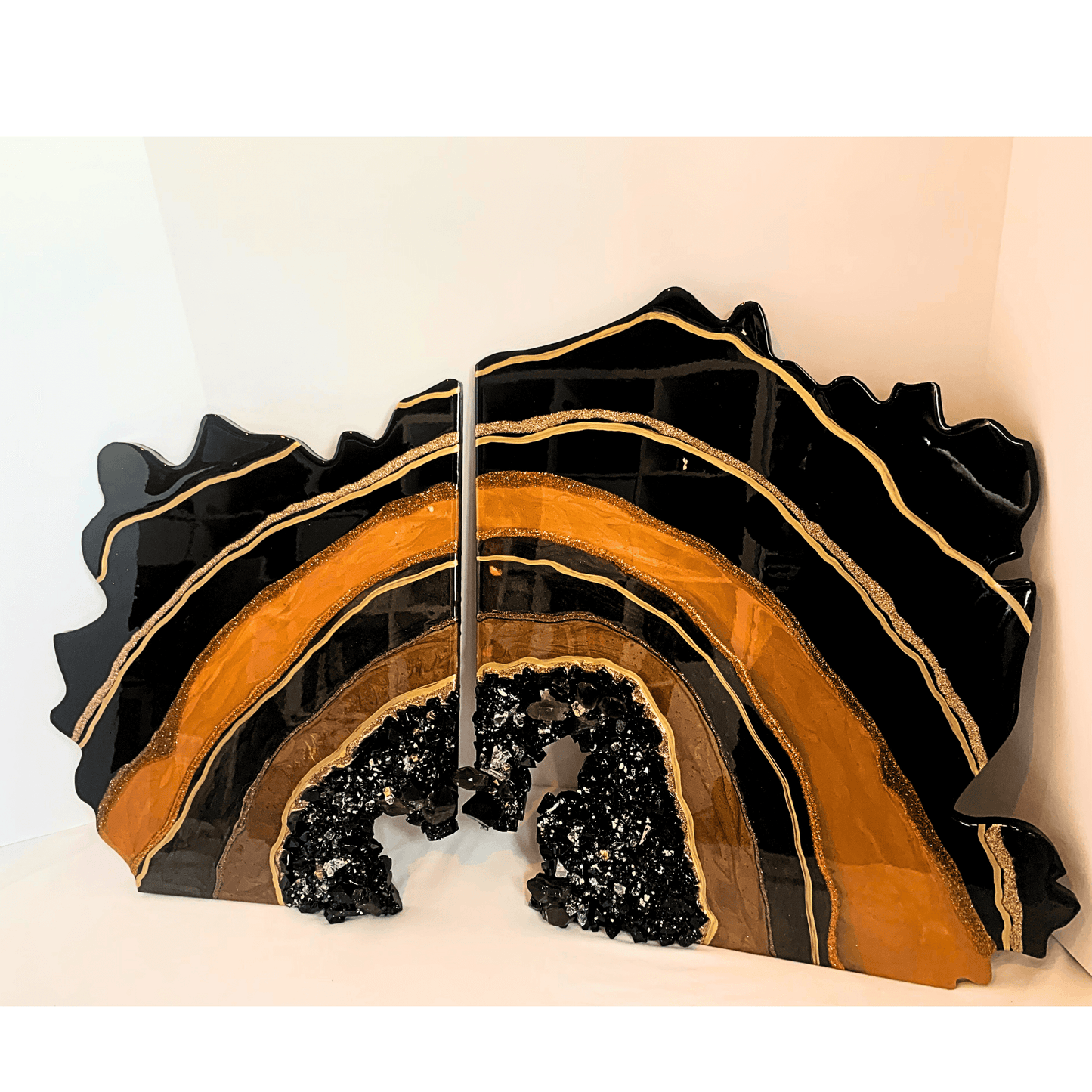 "PROTECTED" Black Obsidian & Smoky Quartz with Bronze and Gold Accents Resin Art Geode
