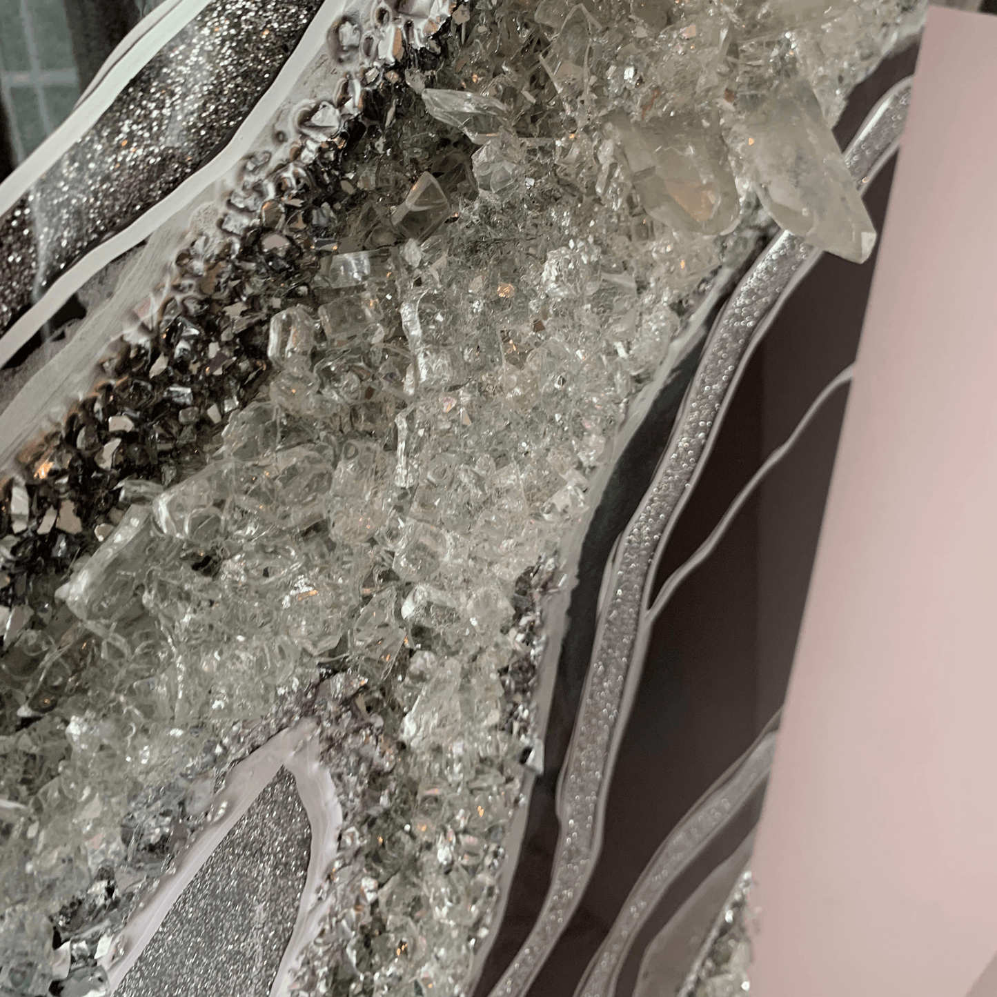 Gorgeous Black & Silver Geode Modern Resin Art With Real Crystal Quartz Points