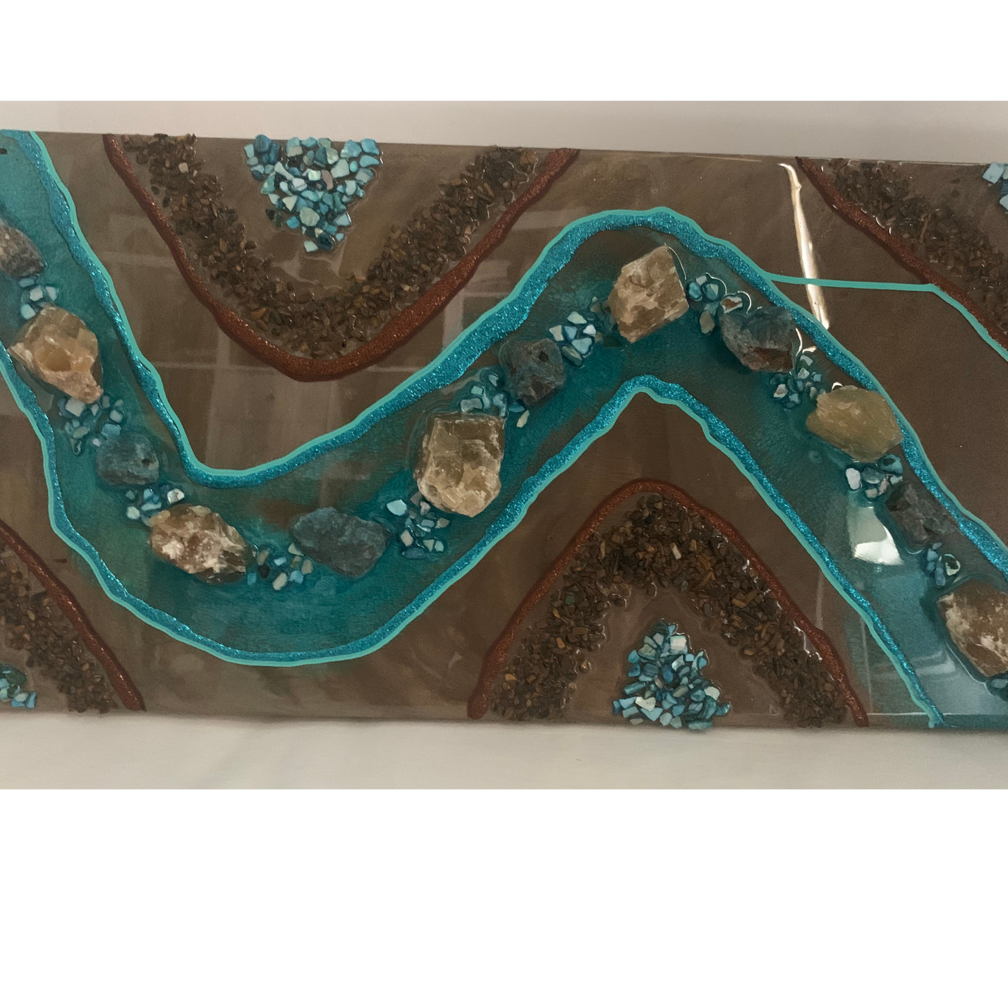 "CALM" Blue Apatite Honey Calcite & Tigers Eye Brown & Turquoise Modern Crystal & Resin Art