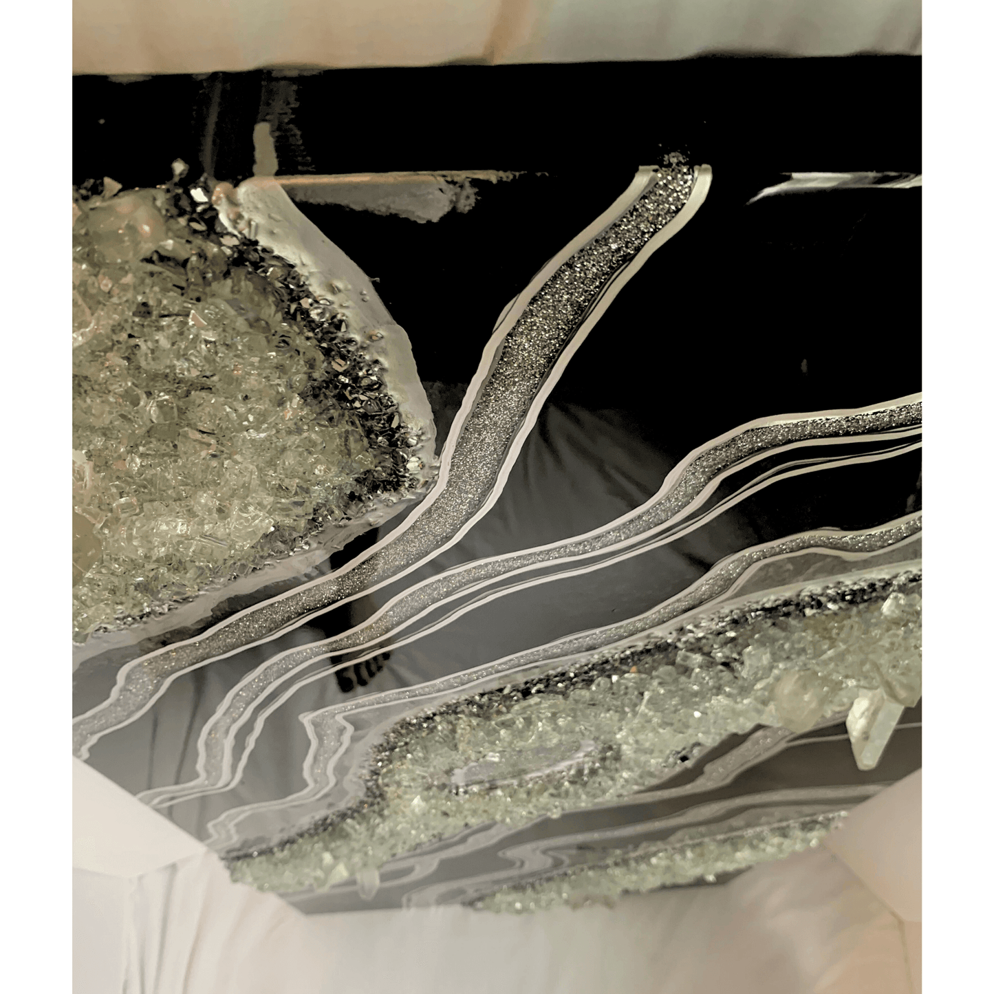 Gorgeous Black & Silver Geode Modern Resin Art With Real Crystal Quartz Points