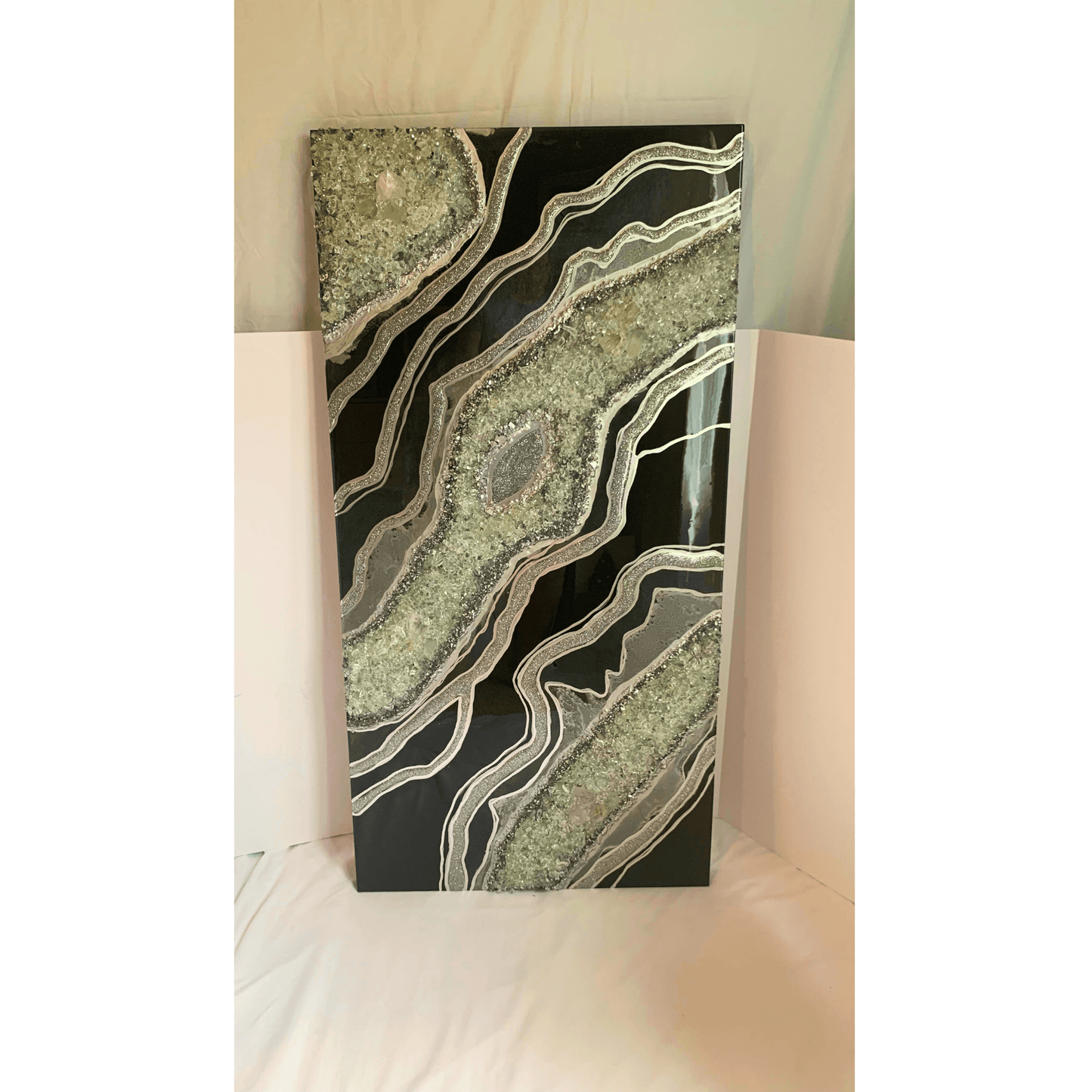 Gorgeous Black & Silver Geode Modern Resin Art With Real Crystal Quartz Points