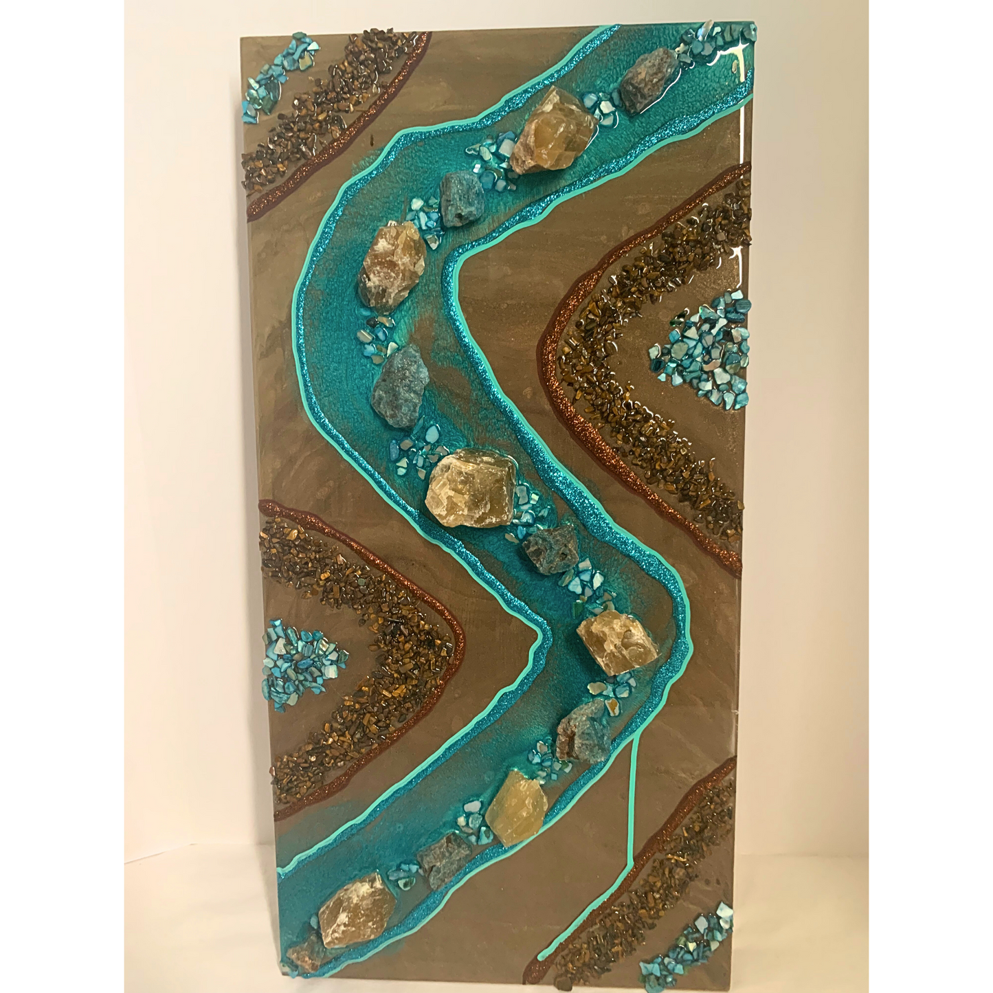 "CALM" Blue Apatite Honey Calcite & Tigers Eye Brown & Turquoise Modern Crystal & Resin Art