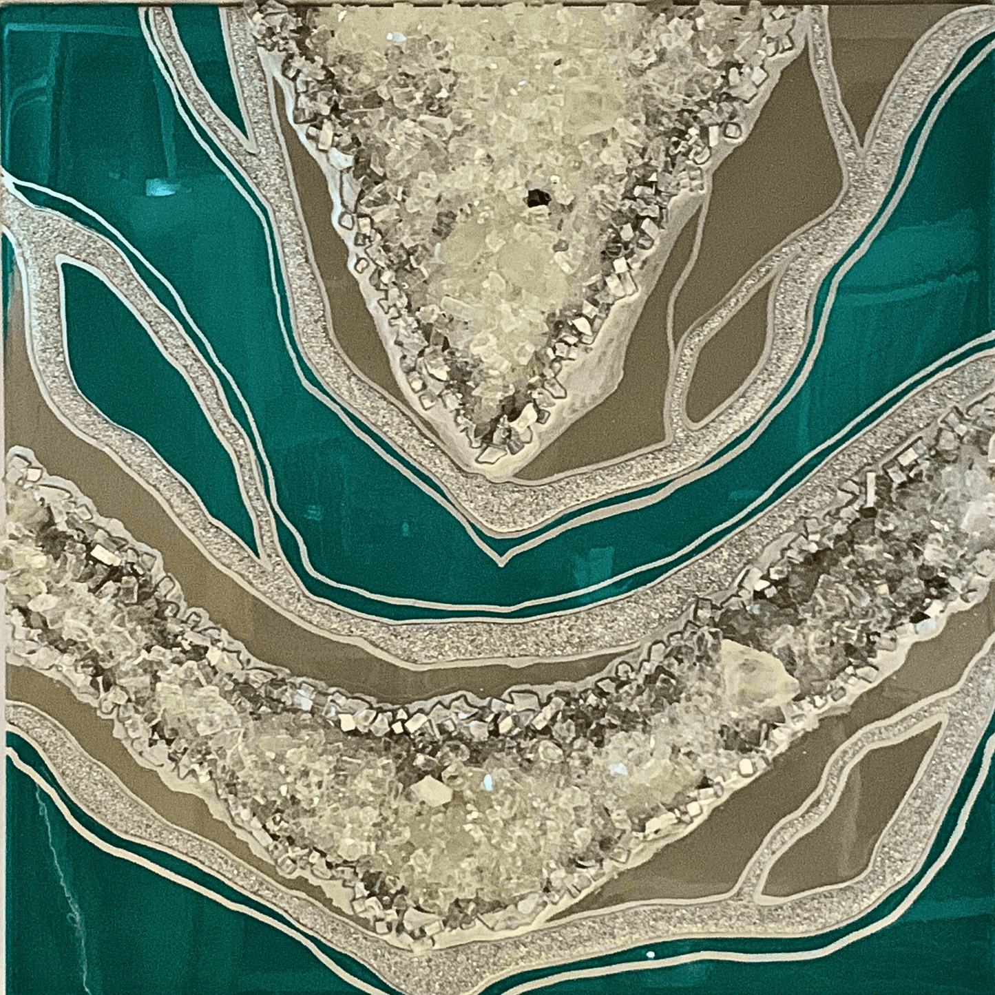 Silver Emerald Green Geode Resin Art with Real Crystal Quartz
