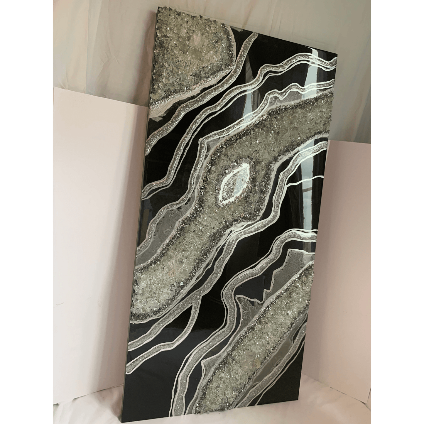Gorgeous Black & Silver Geode Modern Resin Art With Real Crystal Quartz Points