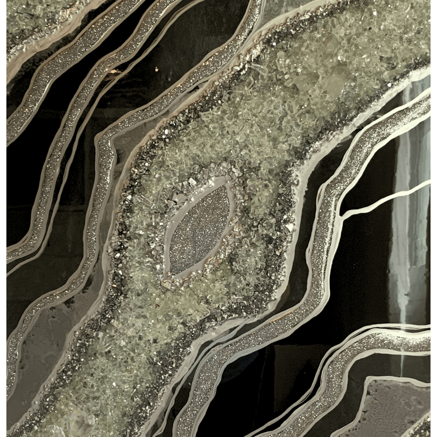 Gorgeous Black & Silver Geode Modern Resin Art With Real Crystal Quartz Points