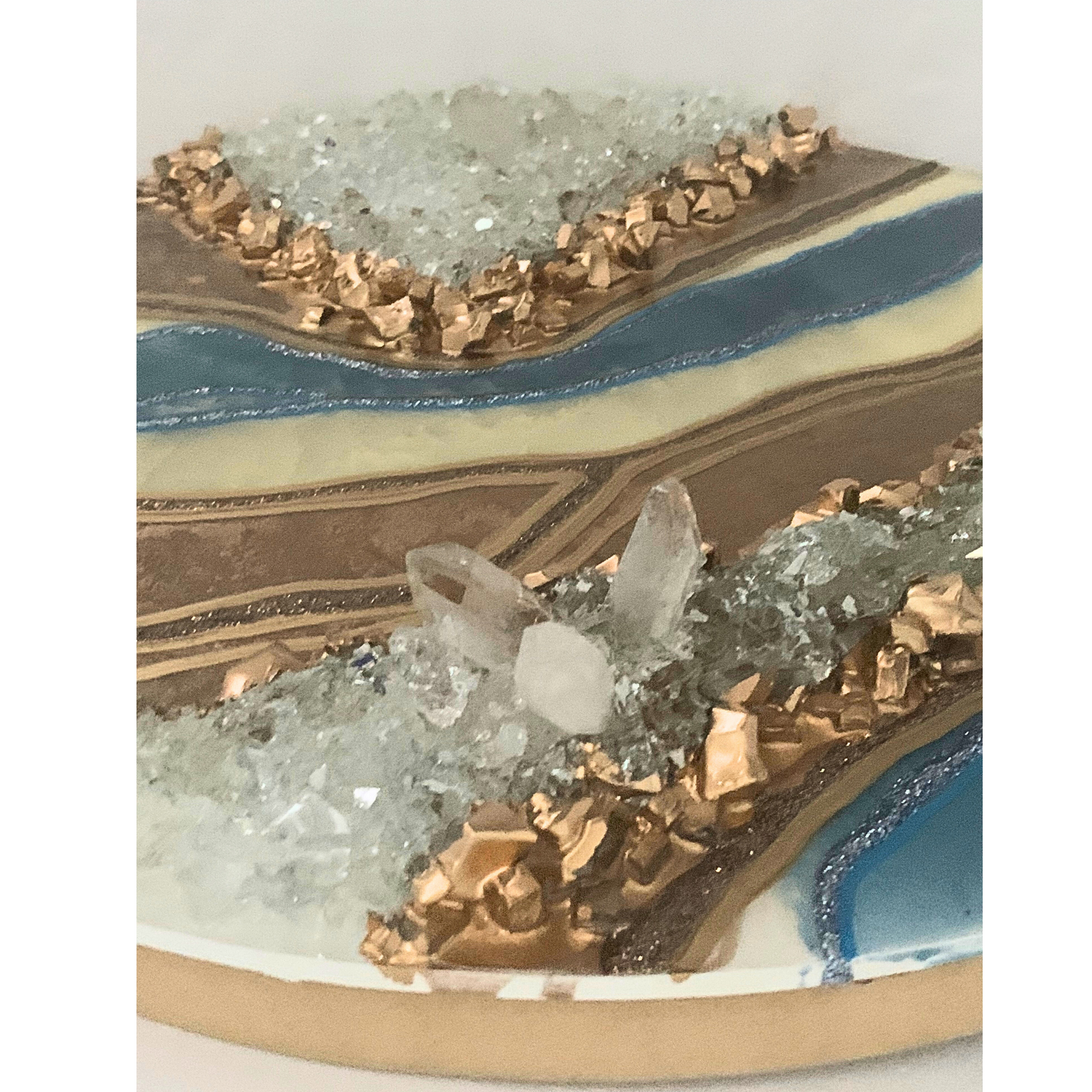 Carolina Blue Champagne Gold & Cream Resin Geode Art With Real Crystal Quartz