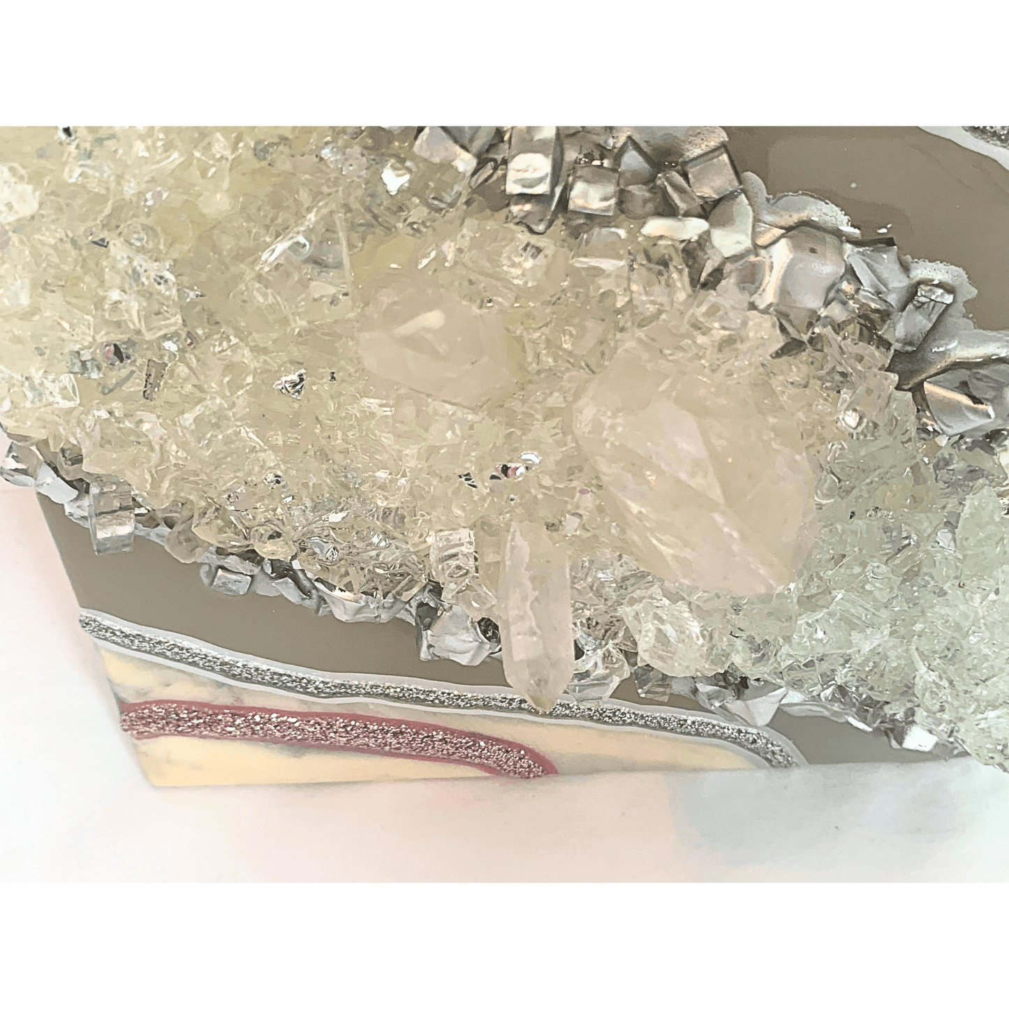 Mauve Pink Creamy White and Silver Gray Resin Geode with Real Crystal Quartz Points