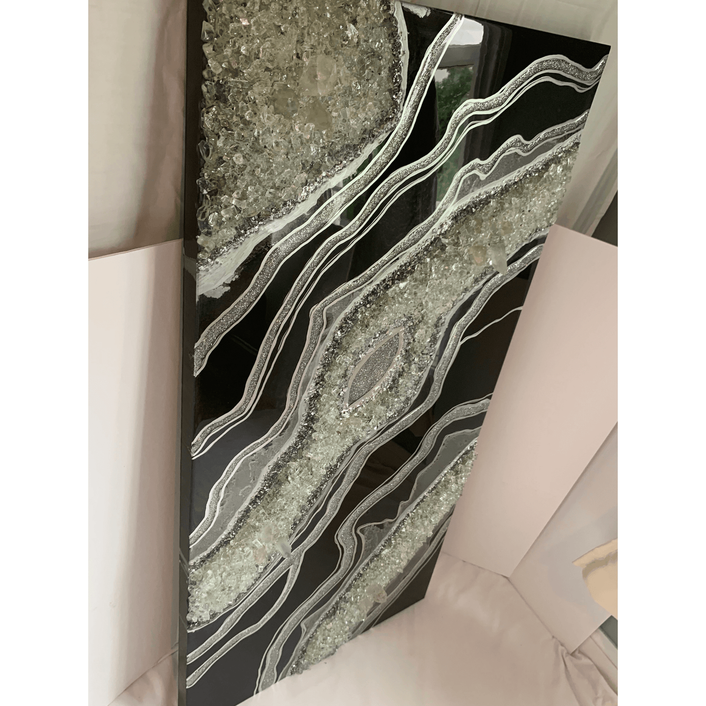 Gorgeous Black & Silver Geode Modern Resin Art With Real Crystal Quartz Points