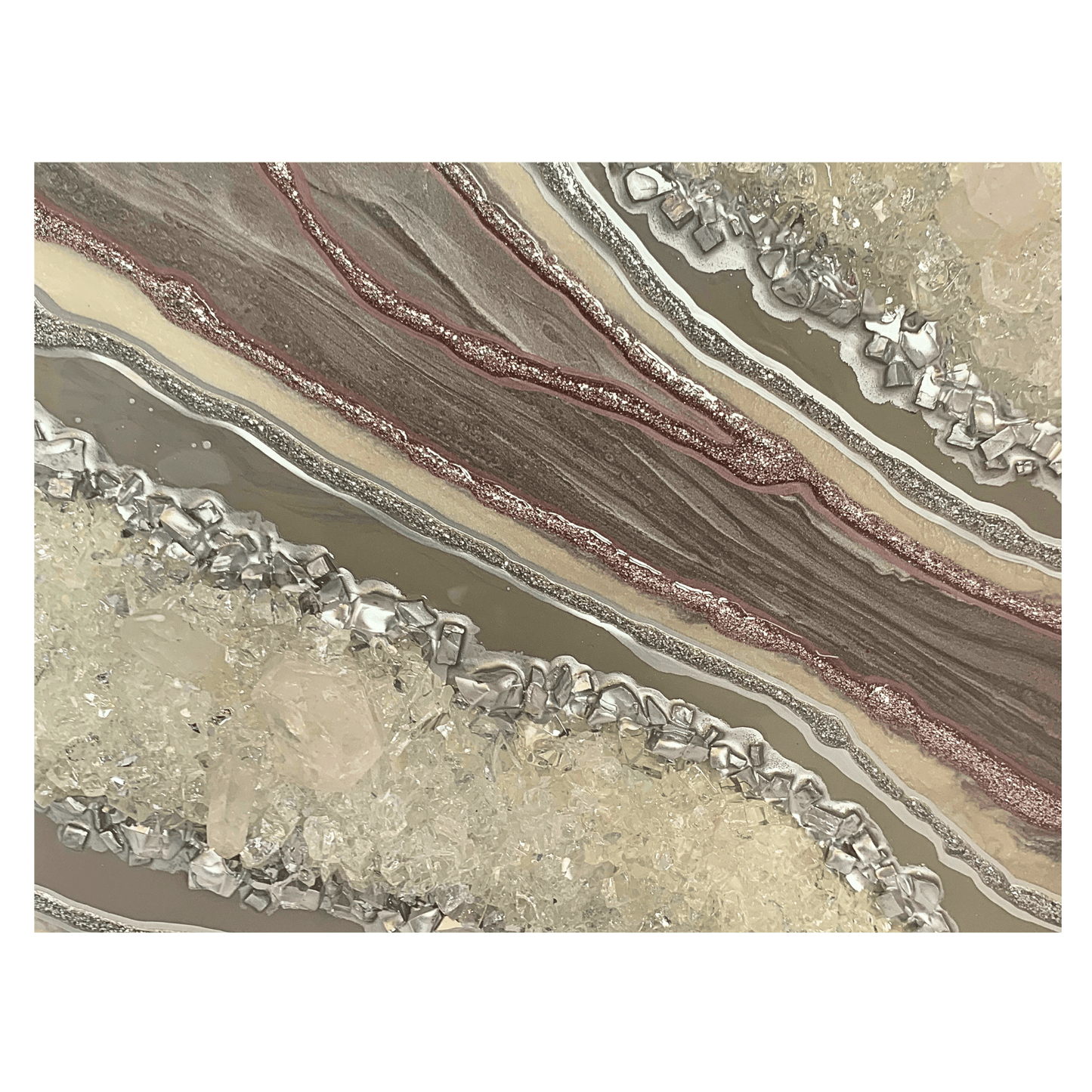 Mauve Pink Creamy White and Silver Gray Resin Geode with Real Crystal Quartz Points